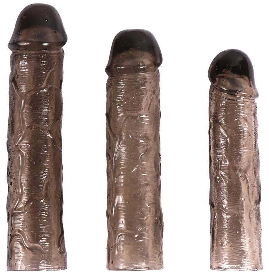 Dolgulu Uzatmalı Esnek Soft Silikon Doku Kolay Takılabilen Siyah 3'lü Prezervatif Penis Kılıfı Seti
