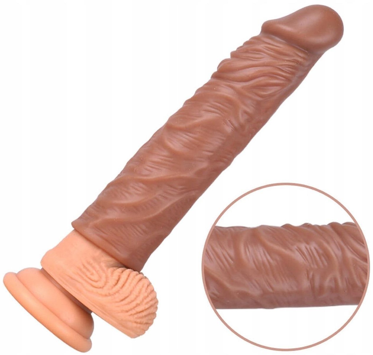 Uzatmalı Gerçekçi Et Dokusu 19.5 Cm Uzunluğunda 4 Cm Dolgulu Büyük Boy Melez Realistik Penis Kılıfı