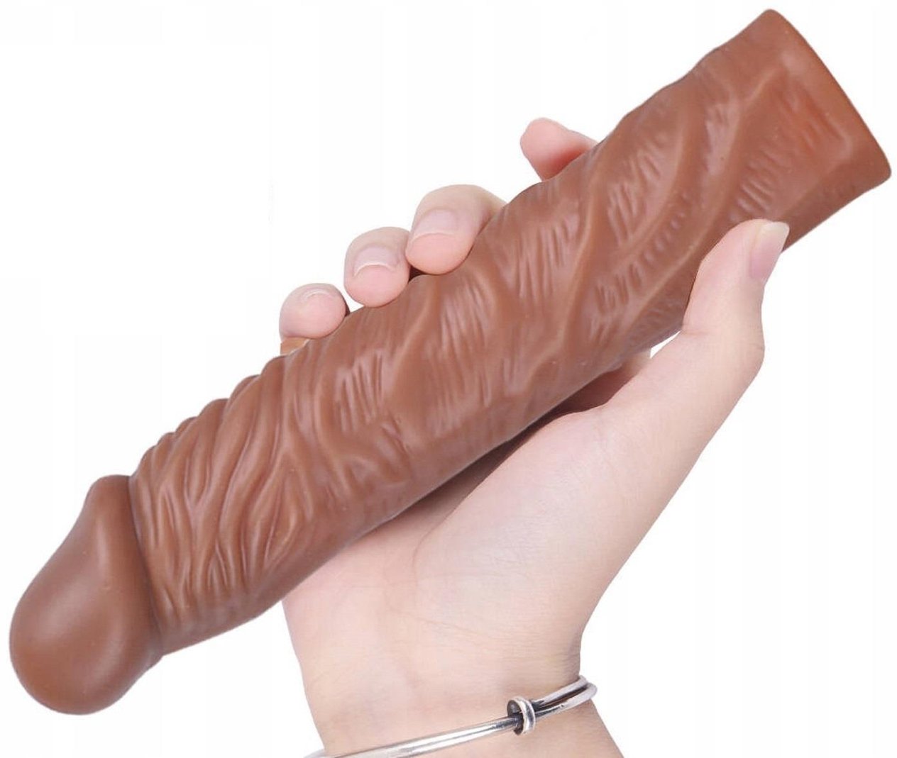 Uzatmalı Gerçekçi Et Dokusu 19.5 Cm Uzunluğunda 4 Cm Dolgulu Büyük Boy Melez Realistik Penis Kılıfı