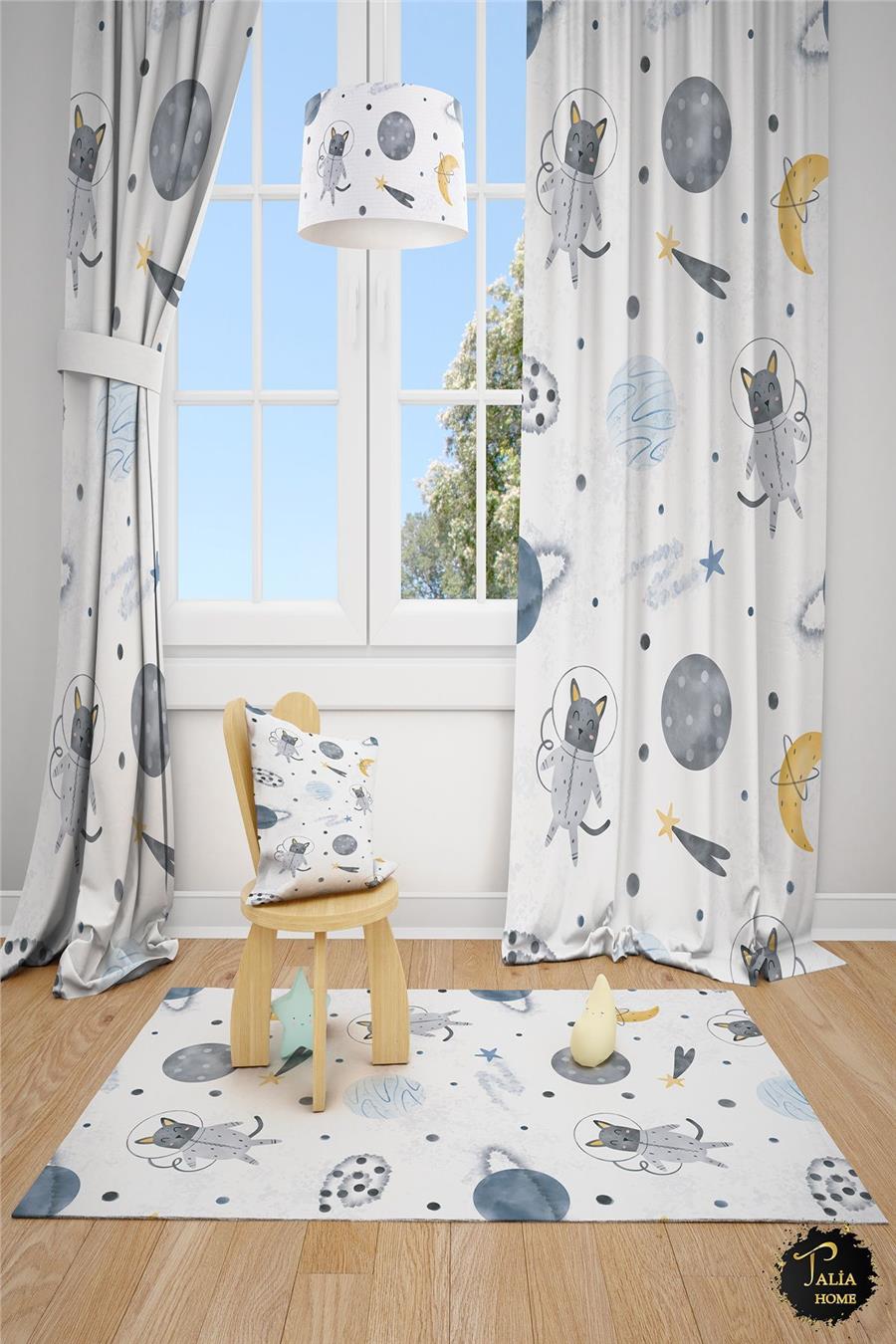 Astronaut Cat Space Patterned Children's and Baby's Room 2 Wing Background Curtain Tla-310