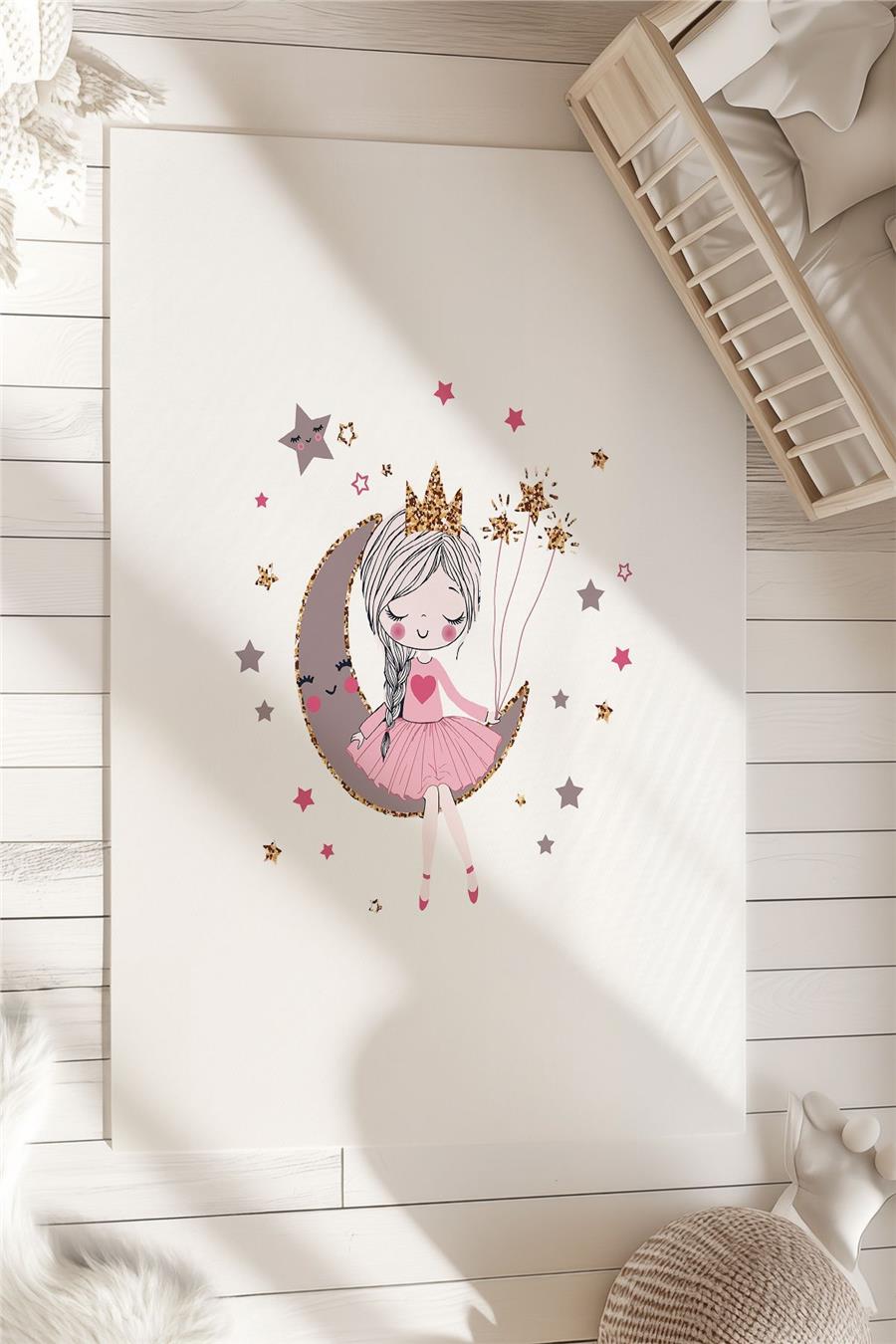 Girl Sitting on the Moon Patterned Children's and Baby's Room Decorative Carpet Tlh-085