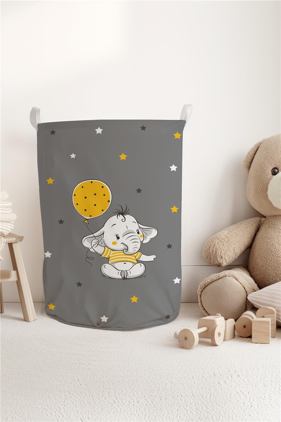 Balon ve Fil Desenli Çocuk ve Bebek Odası Düzenleyici Oyuncak veya Kirli Sepeti