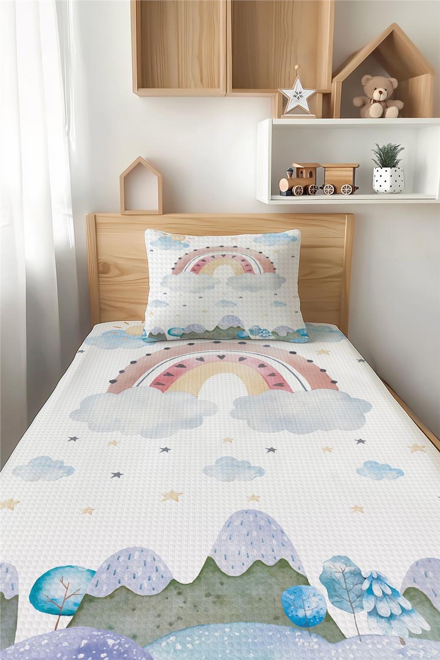 Clouds Rainbow Patterned Single Children's Pique Set Tlap-309