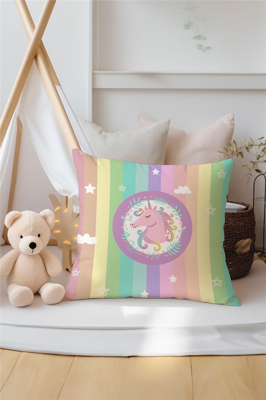Çok Renkli Unicorn Çocuk Ve Bebek Odası 3'Lü Kırlent Kılıfı Tlakr-121