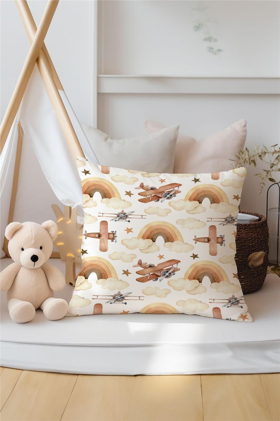 Brown Airplane Patterned Children's Room 3-Piece Throw Pillow Case Tlakr-314