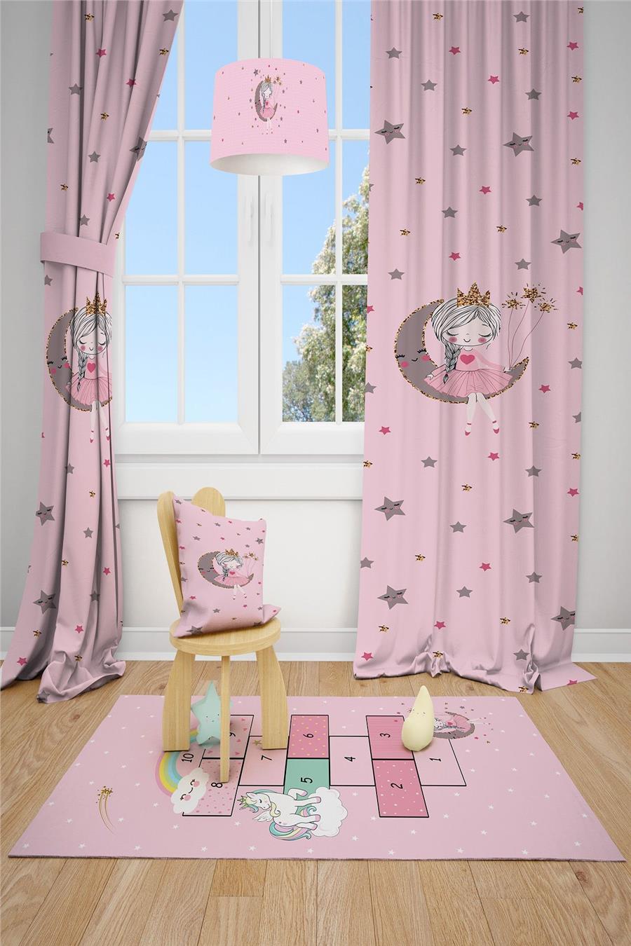 Princess and Flamingo Patterned Children's and Baby's Room Background Curtain with 2 Wings Tla-230