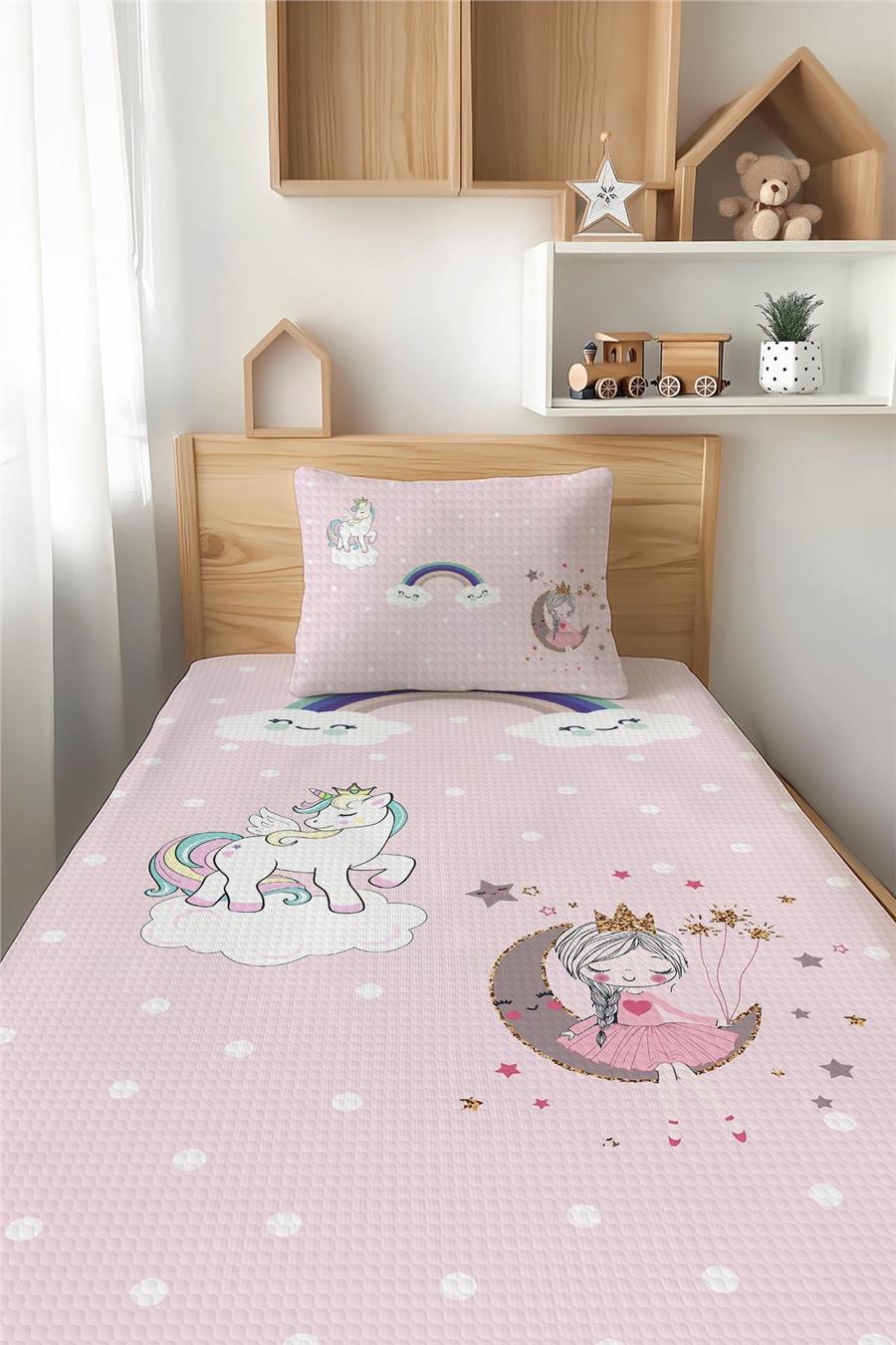 Unicorn Ve Prenses Desenli Tek Kişilik Çocuk Pike Takımı