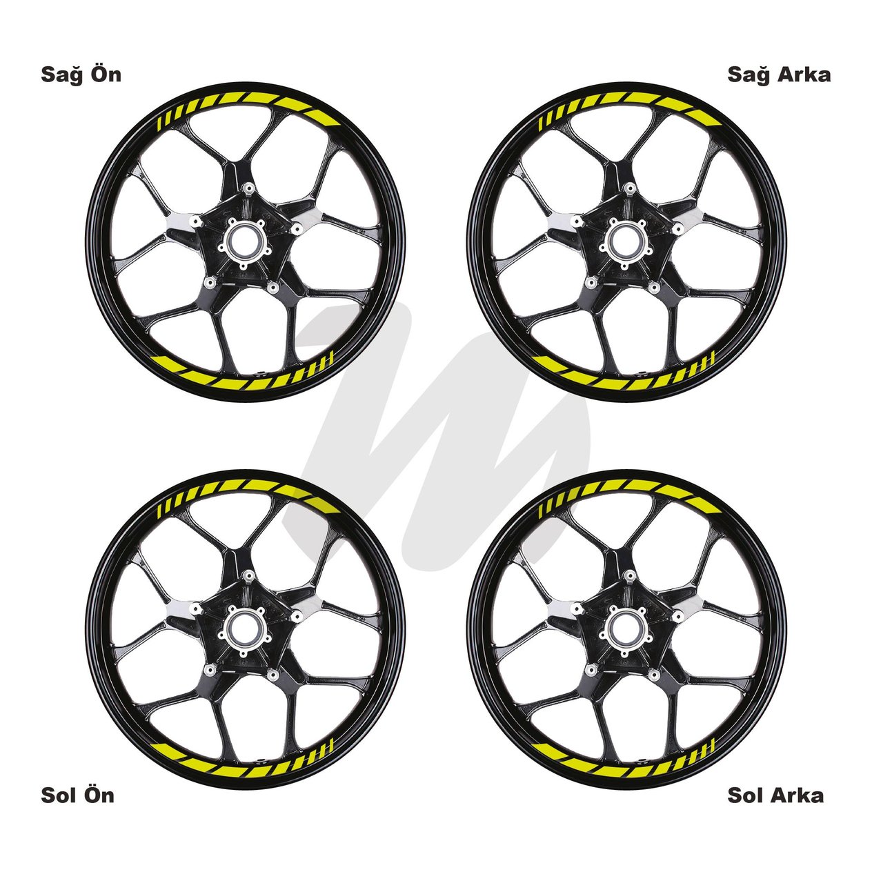Motosiklet Jant İç Sticker Neon Sarı (Yeşil) Kesikli Şerit Etiket Modeli