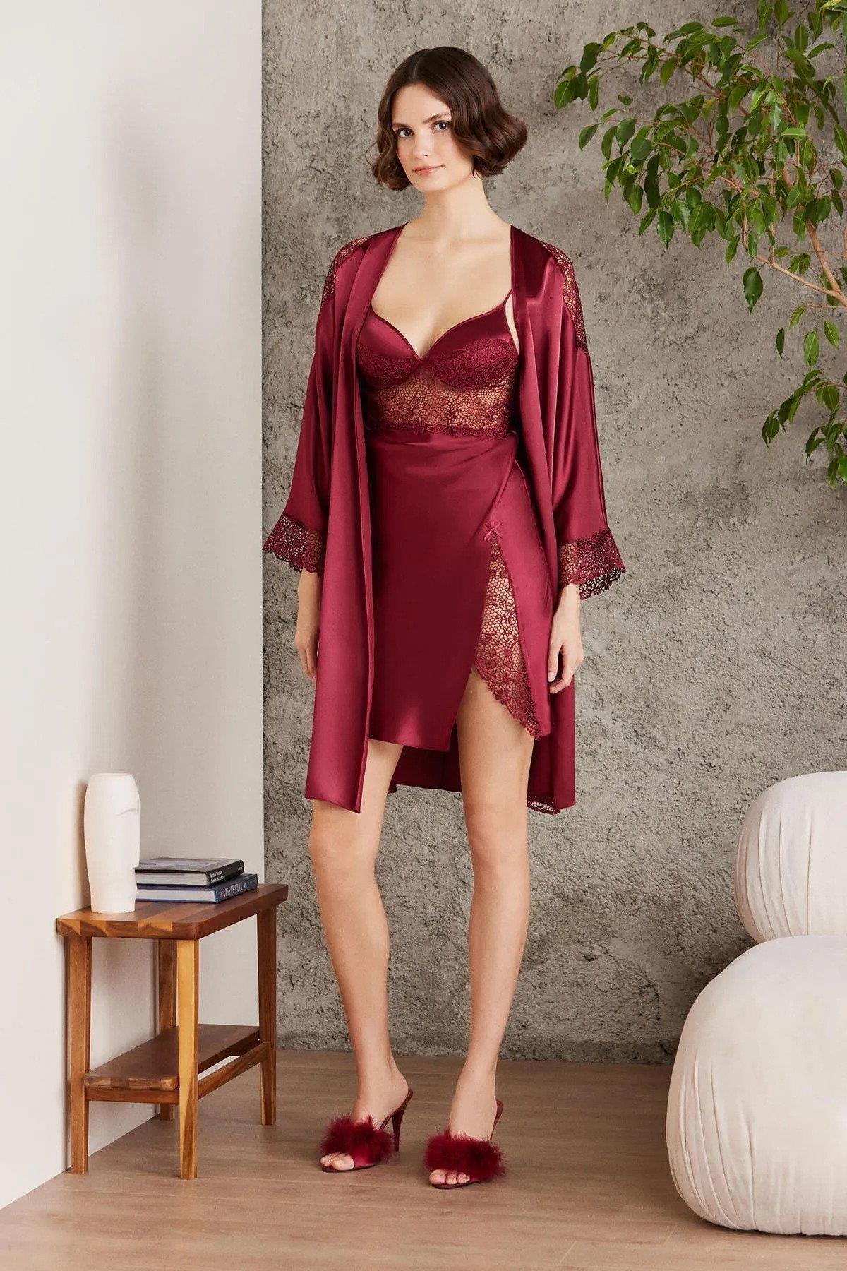 Pierre Cardin Saten Gecelik Sabahlık Pijama Takım Şort Takım 6'lı Gelin Çeyiz Seti - 6000