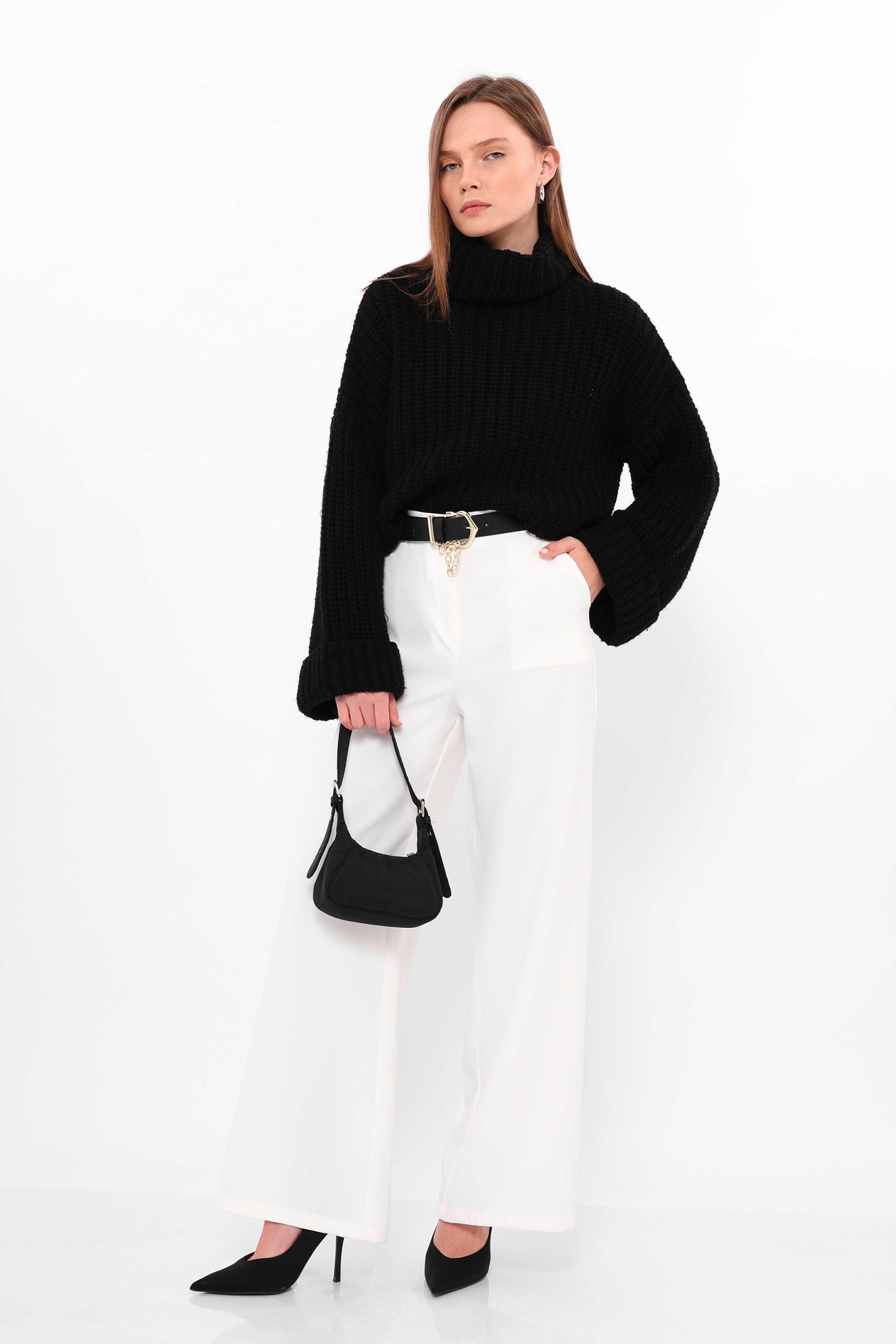 Belt Detailed Palazzo Trousers White