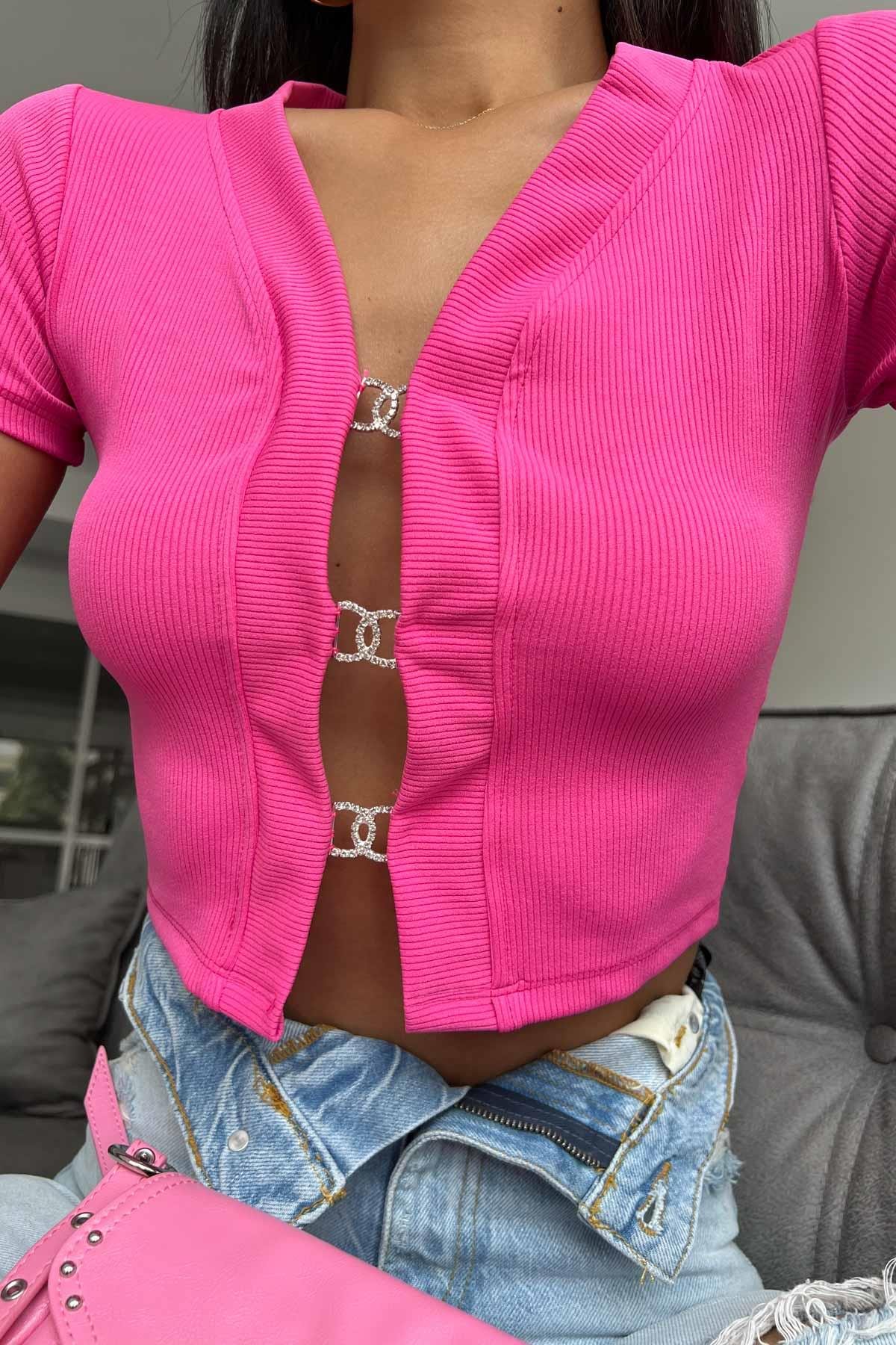 Cut out detaylı taş aksesuarlı bluz - FUŞYA