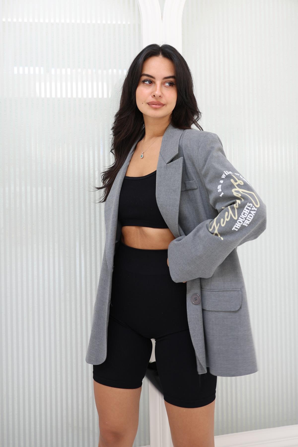 Baskı Detaylı Oversize Ceket Gri