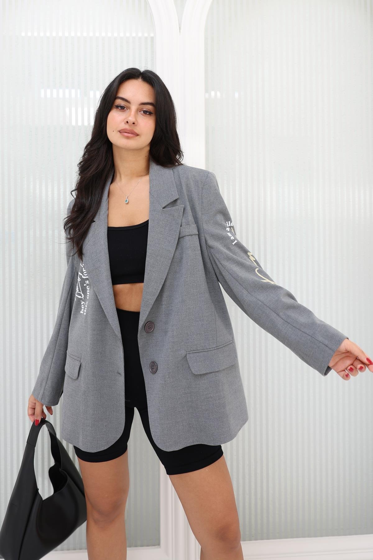 Baskı Detaylı Oversize Ceket Gri