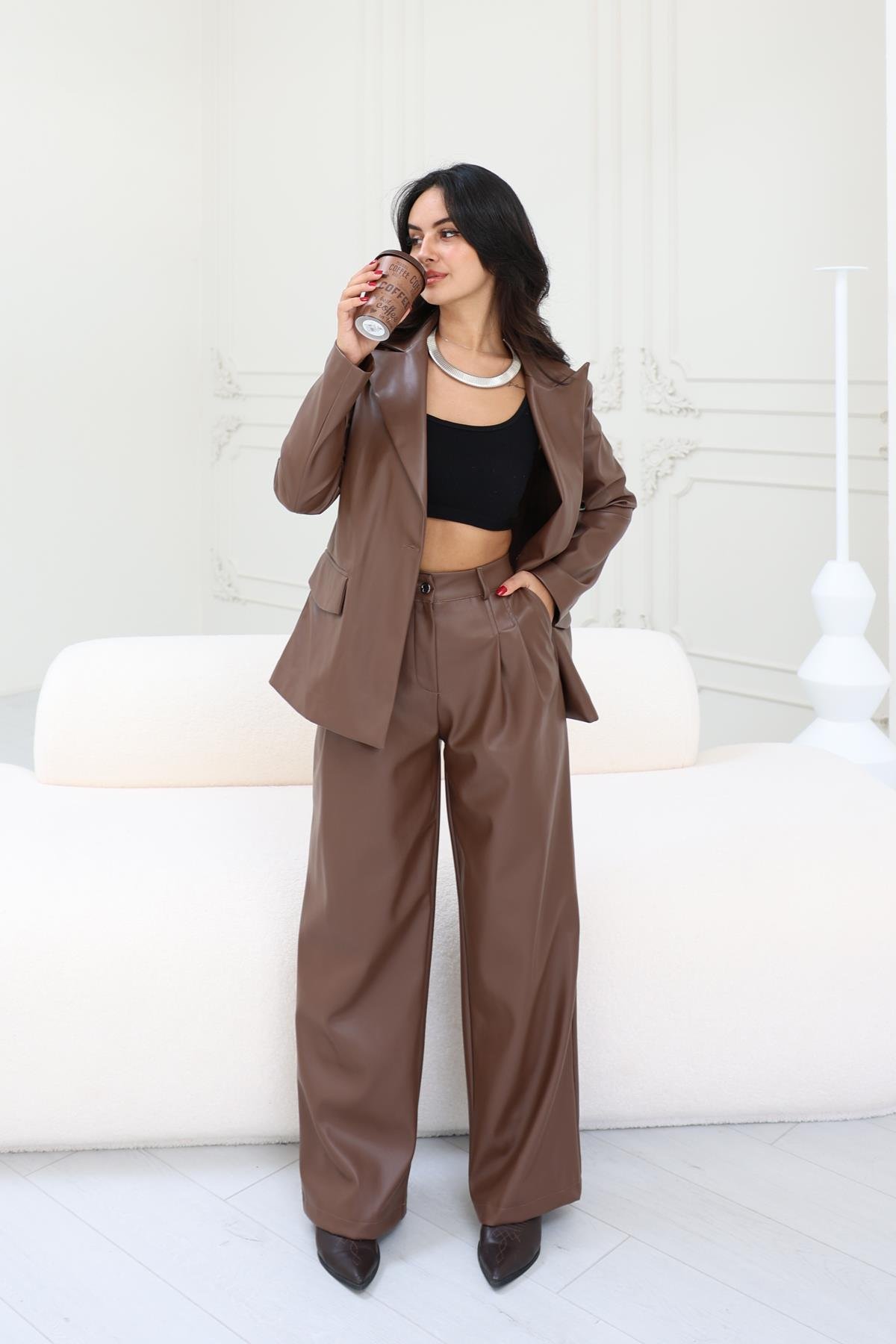 Blazer Mat Deri Ceket Taba