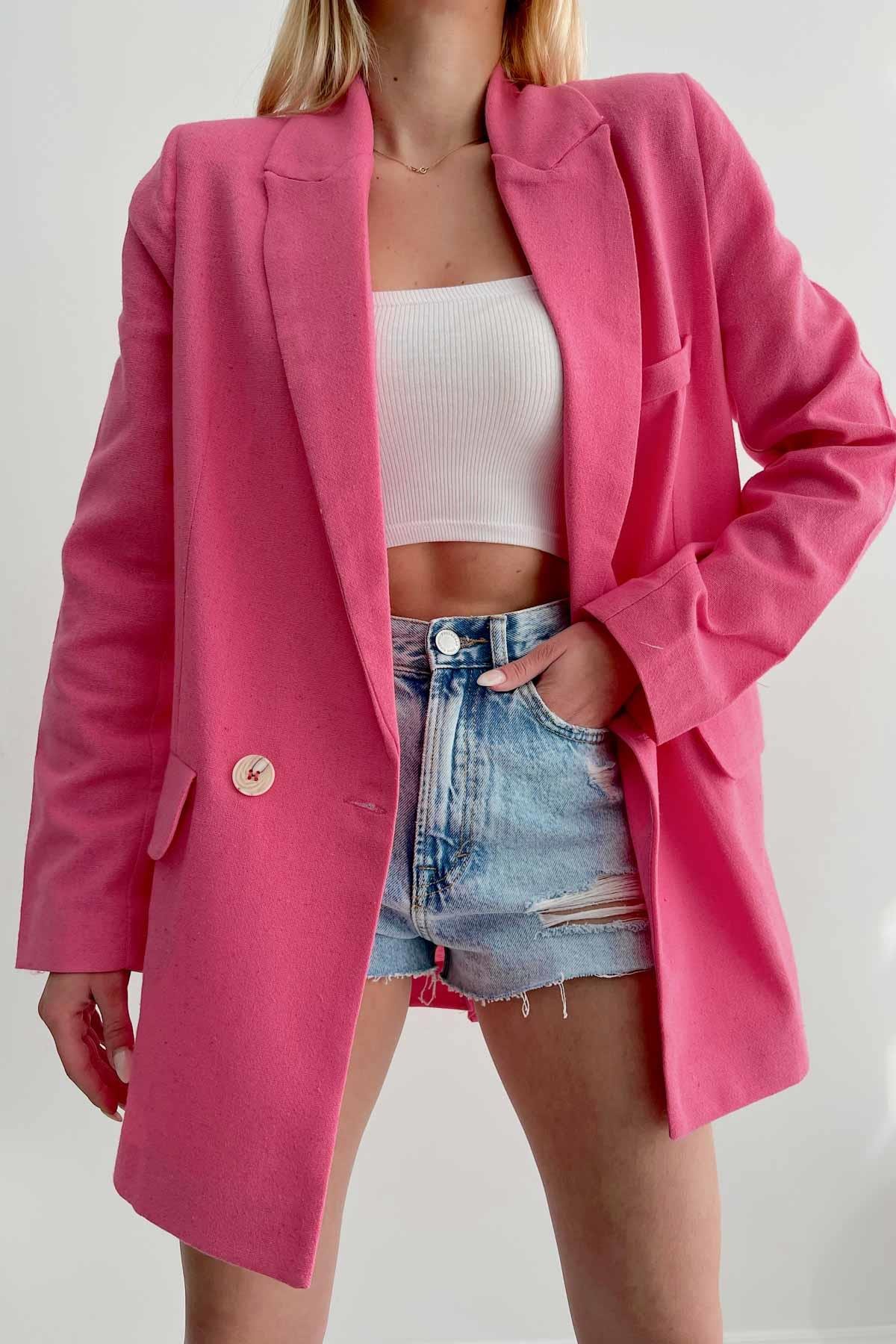 Double-breasted Closure Linen Jacket Pink
