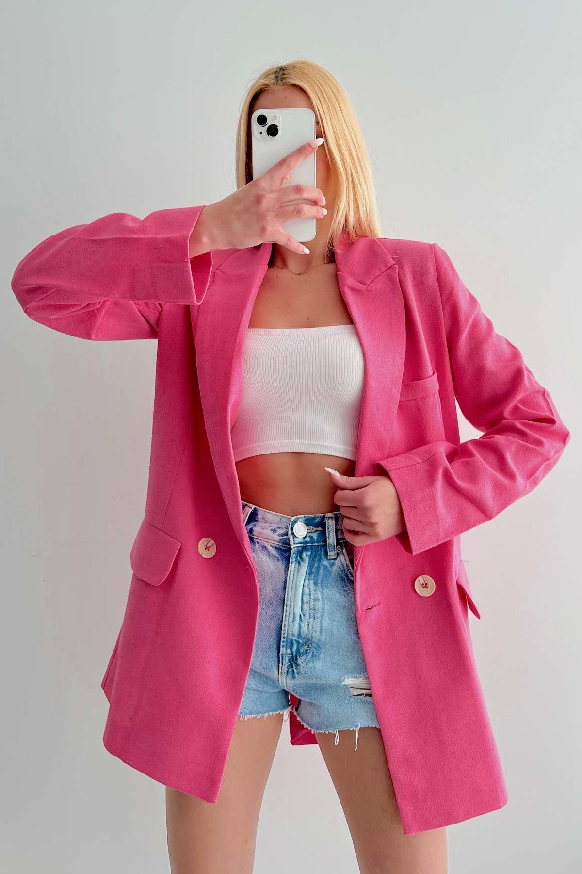 Double-breasted Closure Linen Jacket Pink