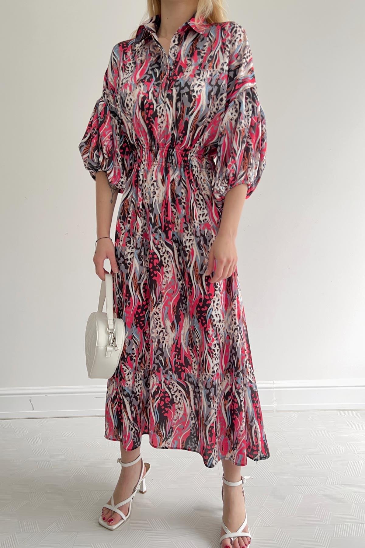 Elastic Waist Satin Dress Fuchsia