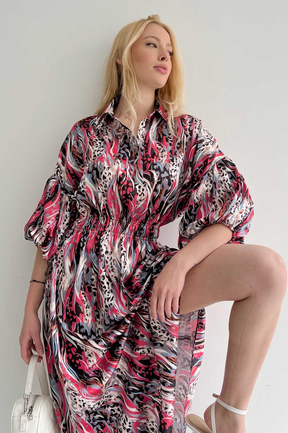 Elastic Waist Satin Dress Fuchsia