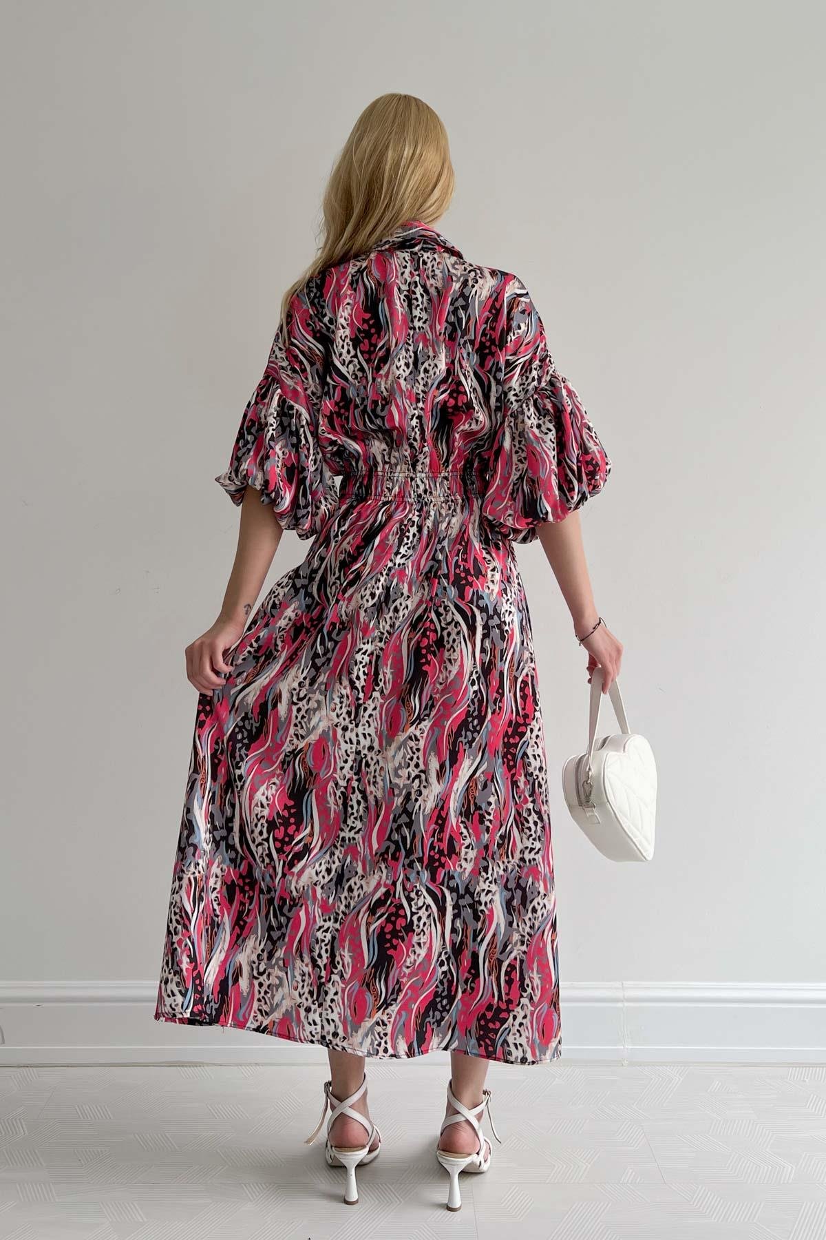 Elastic Waist Satin Dress Fuchsia