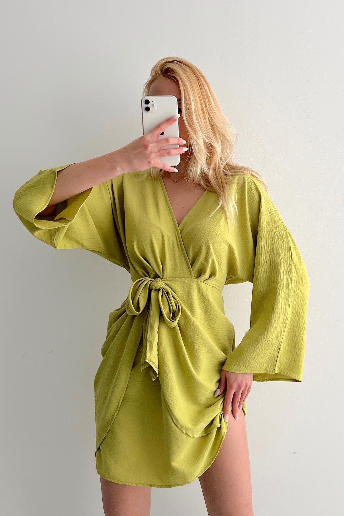 Double-breasted Dress with Front Ties Oil Green