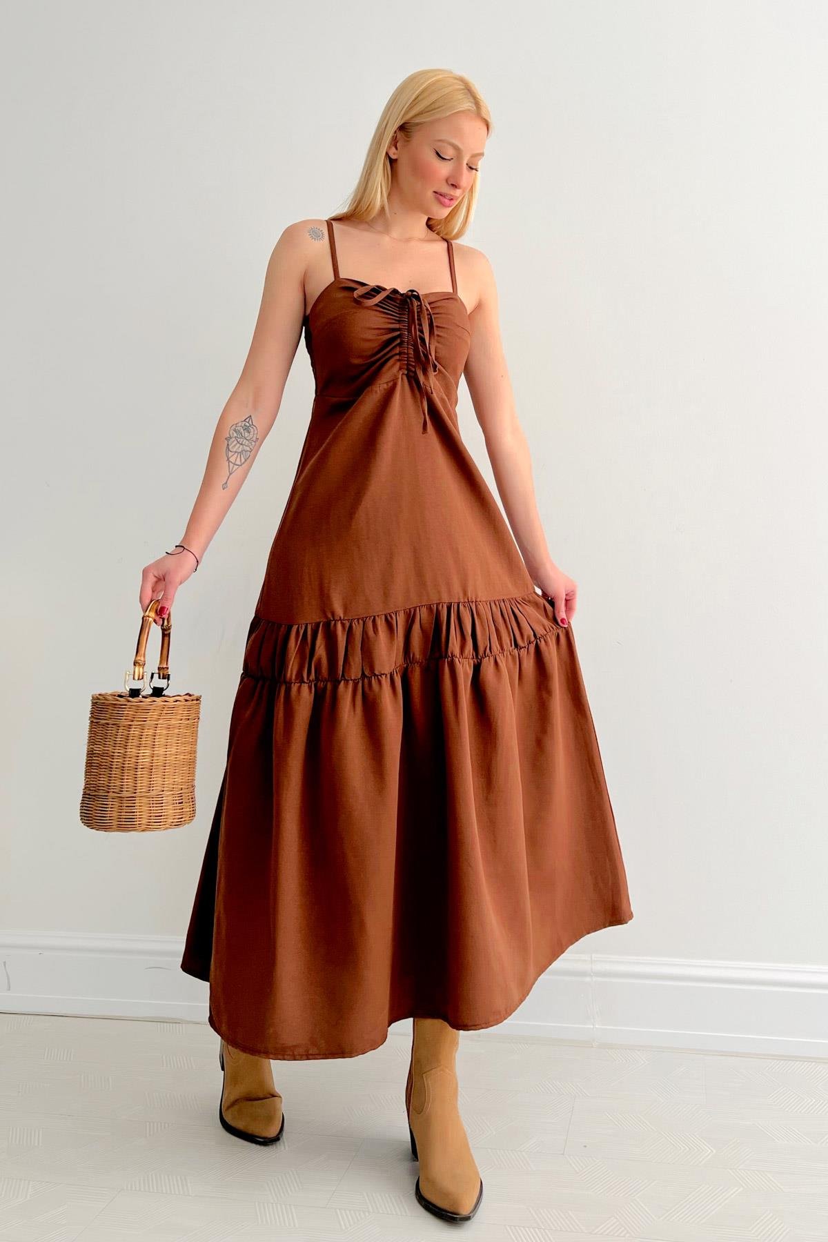 Shirred Front Dress Brown