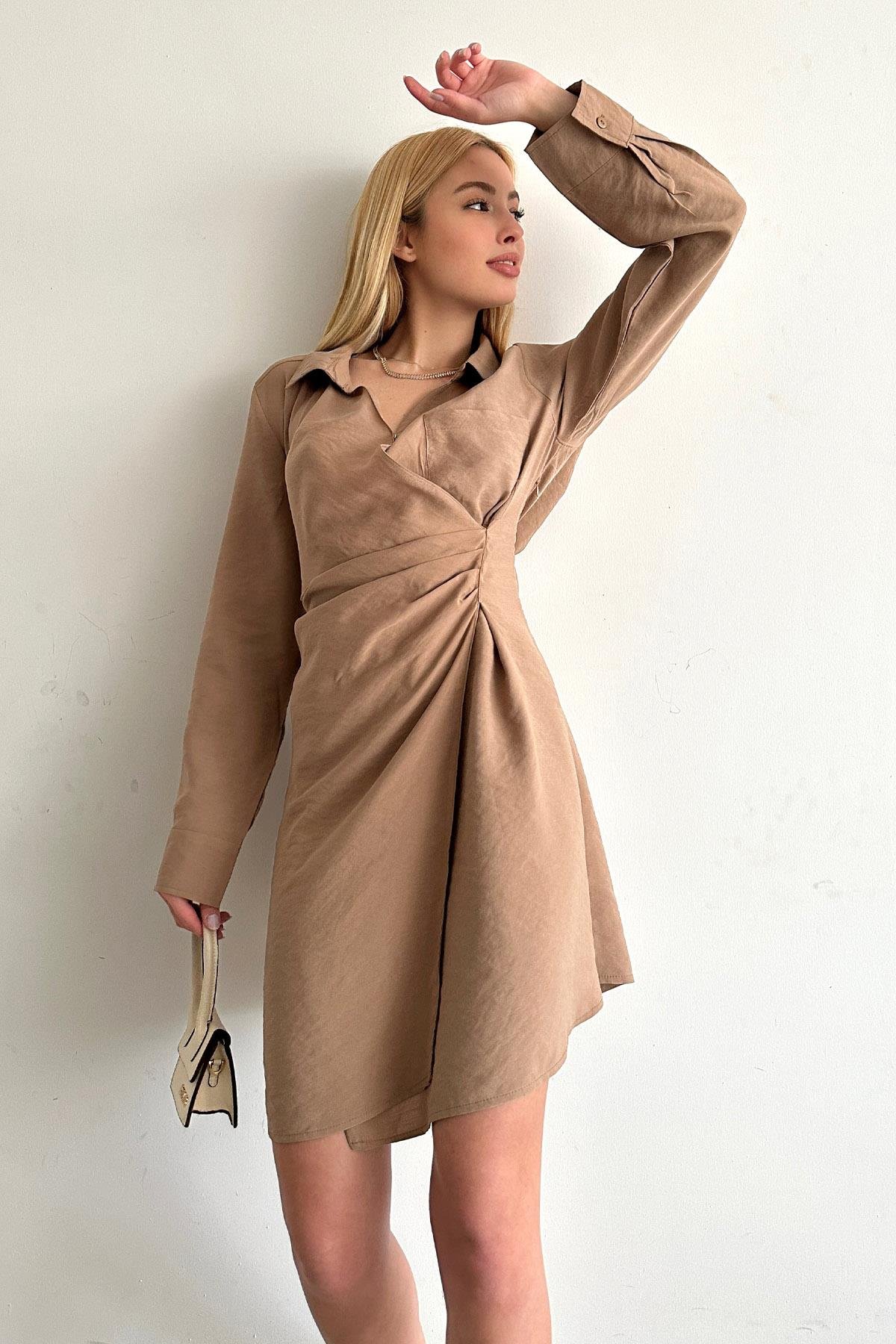 Double-breasted Collared Dress Camel