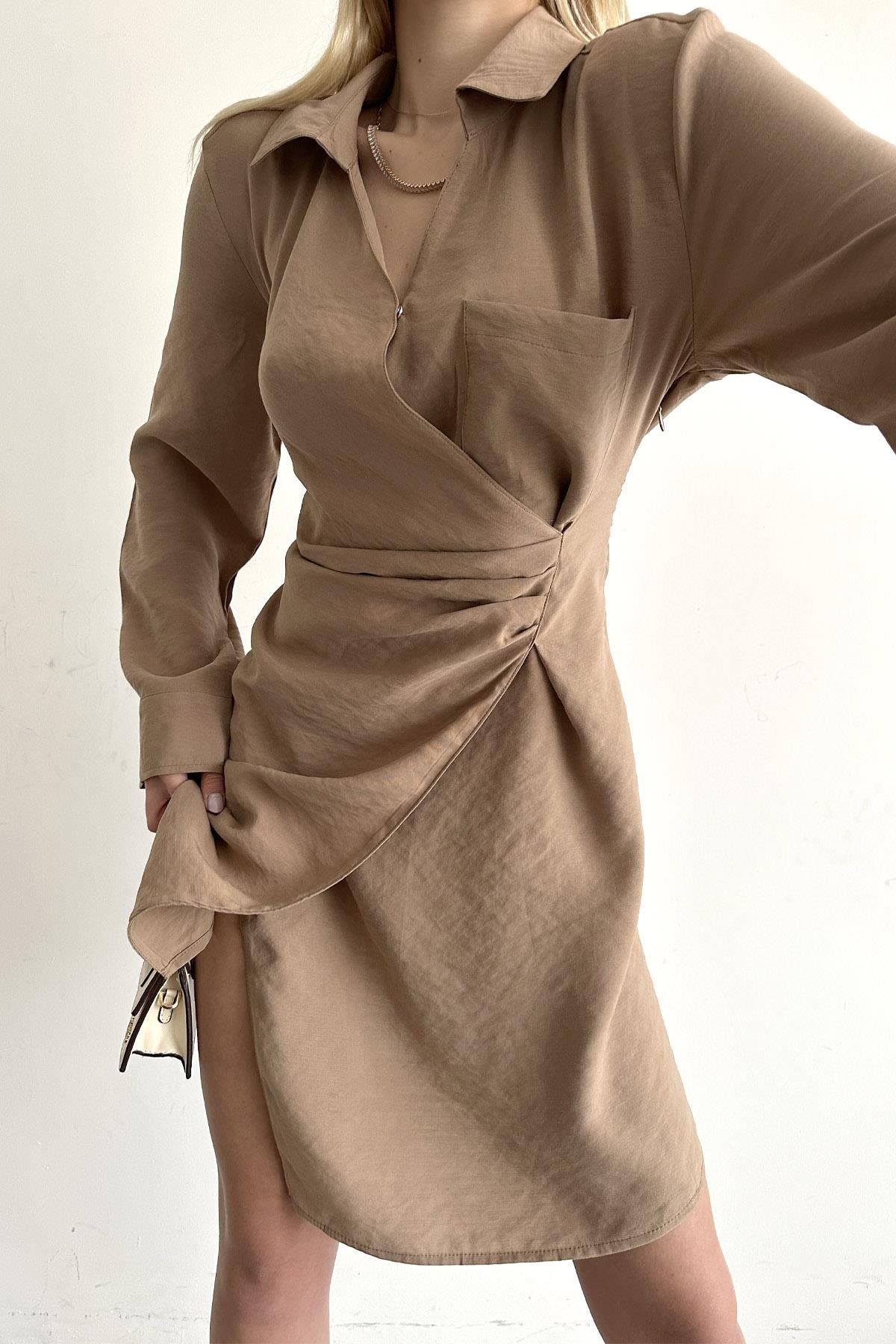 Double-breasted Collared Dress Camel
