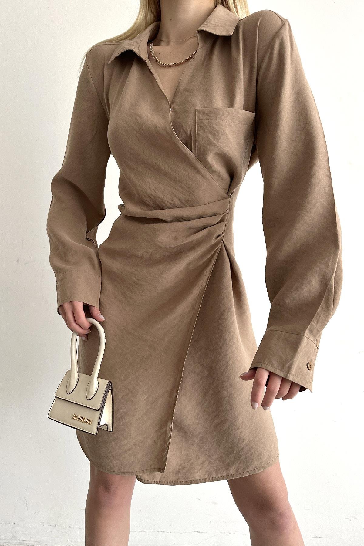 Double-breasted Collared Dress Camel
