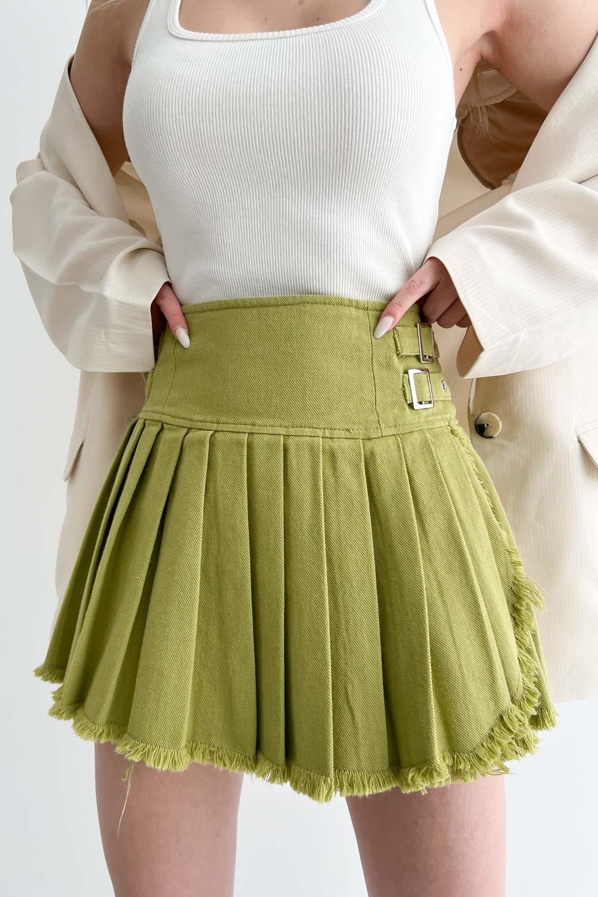 Pleated Corsage Detailed Skirt Oil Green