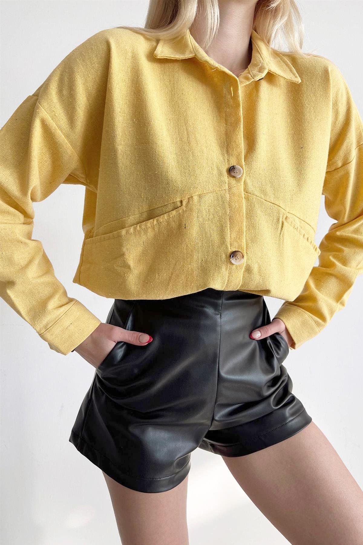 Bone Button Double Pocket Detail Shirt Yellow