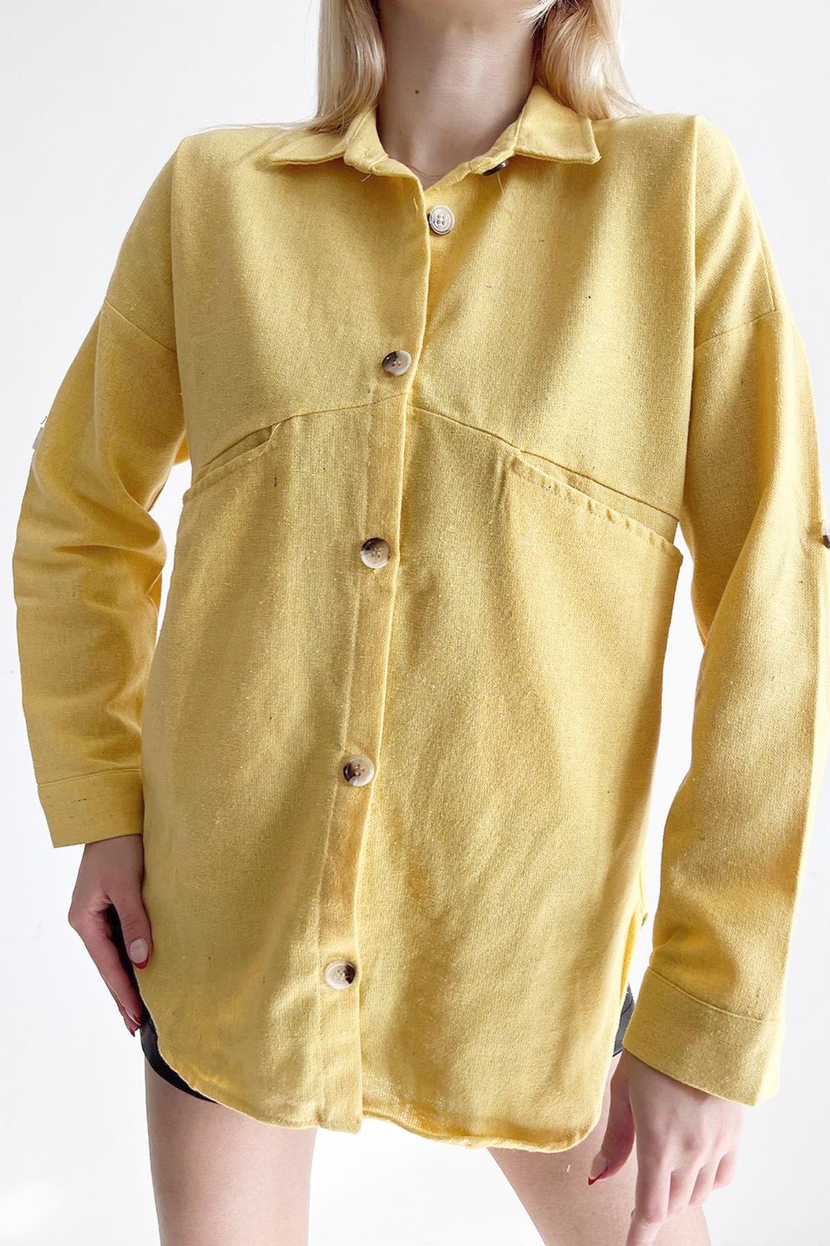 Bone Button Double Pocket Detail Shirt Yellow
