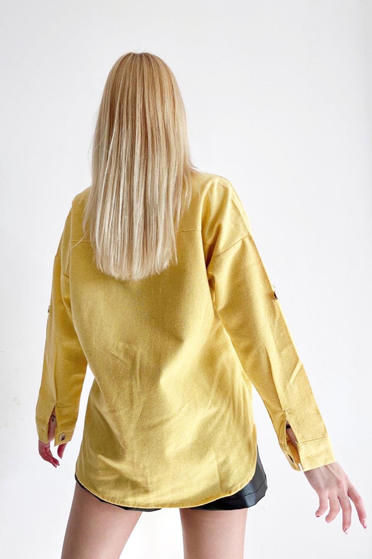 Bone Button Double Pocket Detail Shirt Yellow