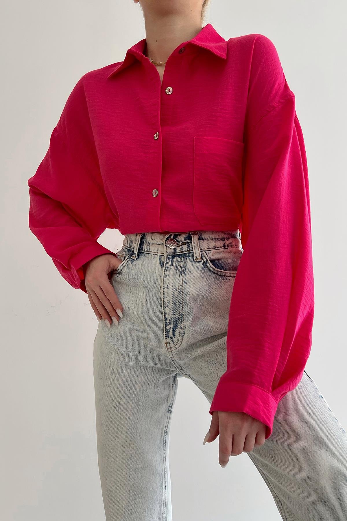 Oversized Linen Shirt Fuchsia with Cuffs