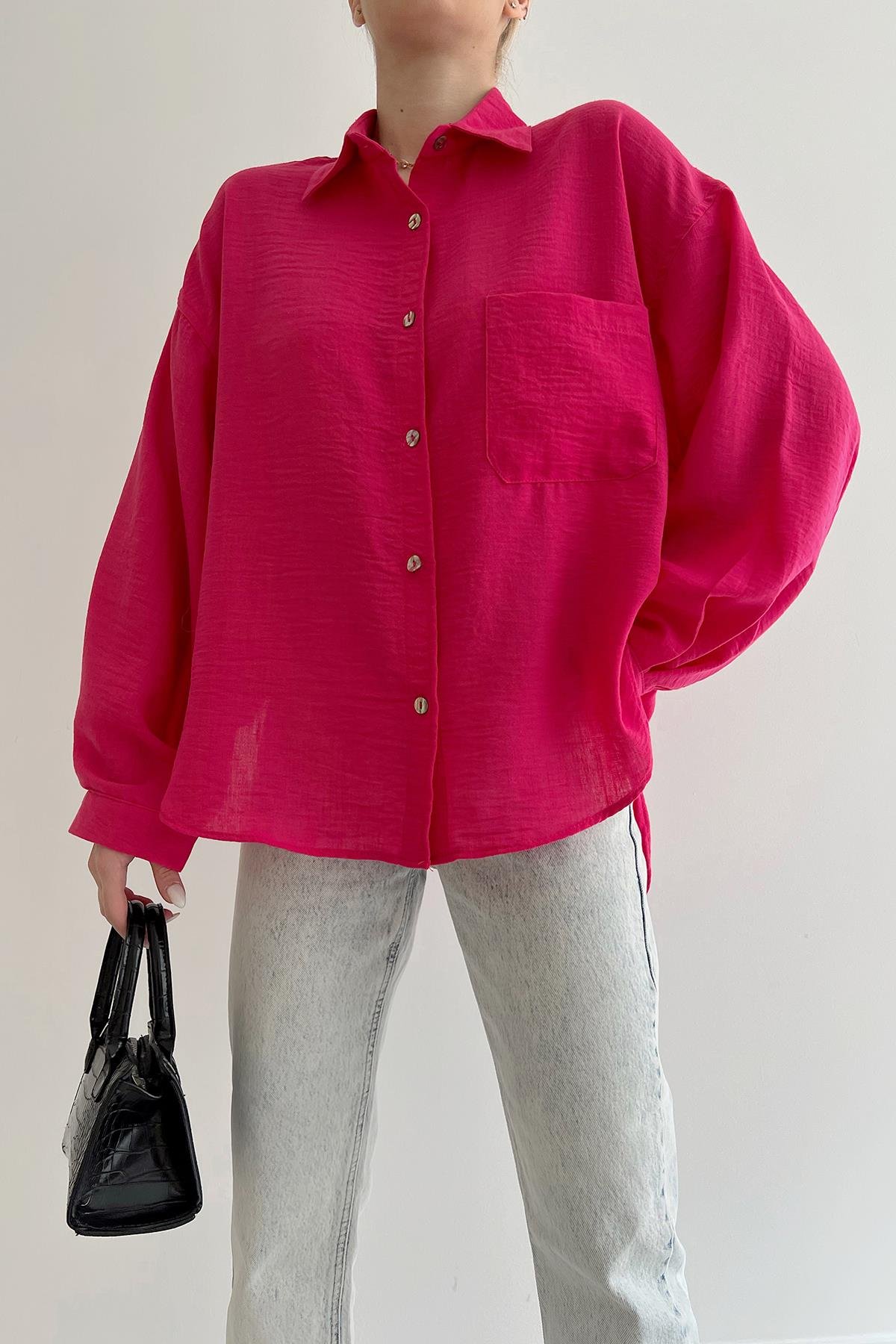 Oversized Linen Shirt Fuchsia with Cuffs