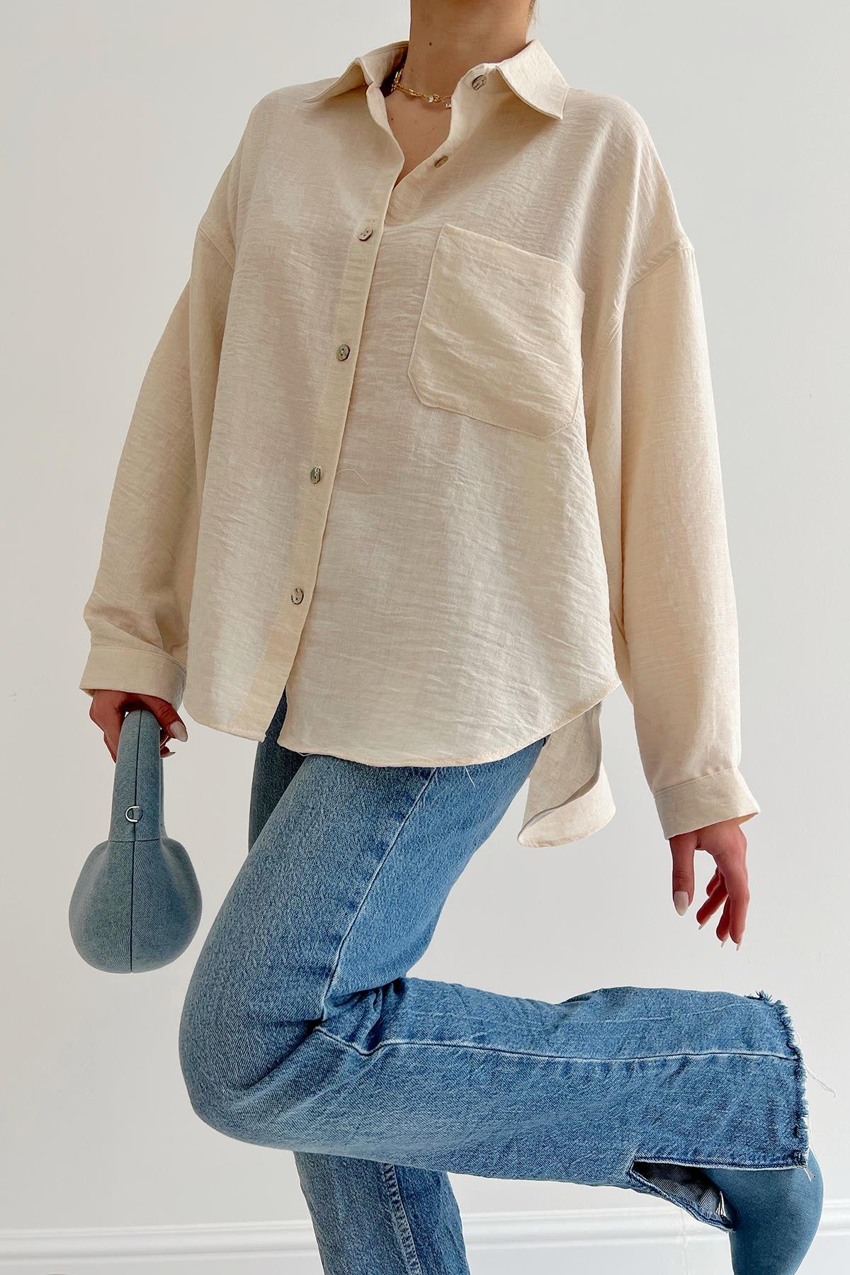 Manşetli Oversize Keten Gömlek Taş