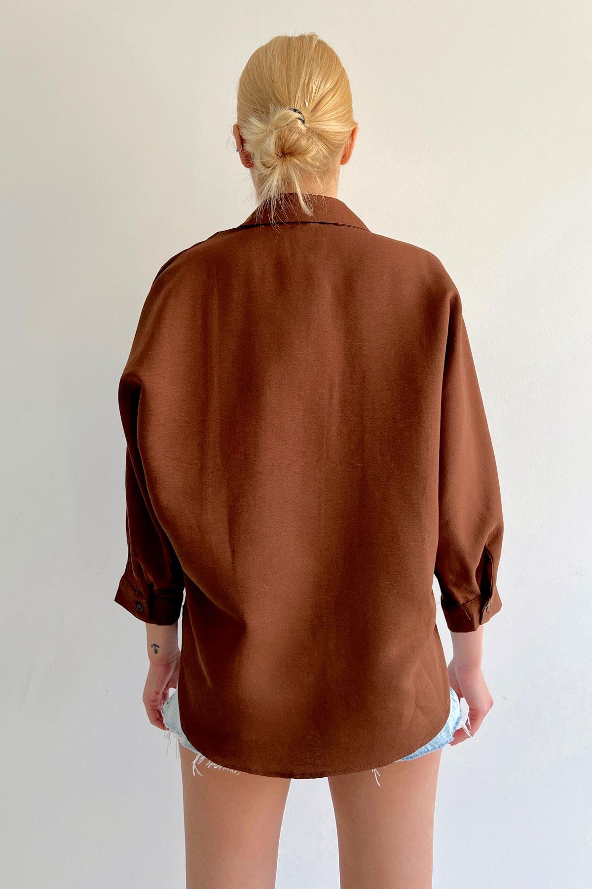 Three Quarter Sleeve Side Detailed Shirt Brown