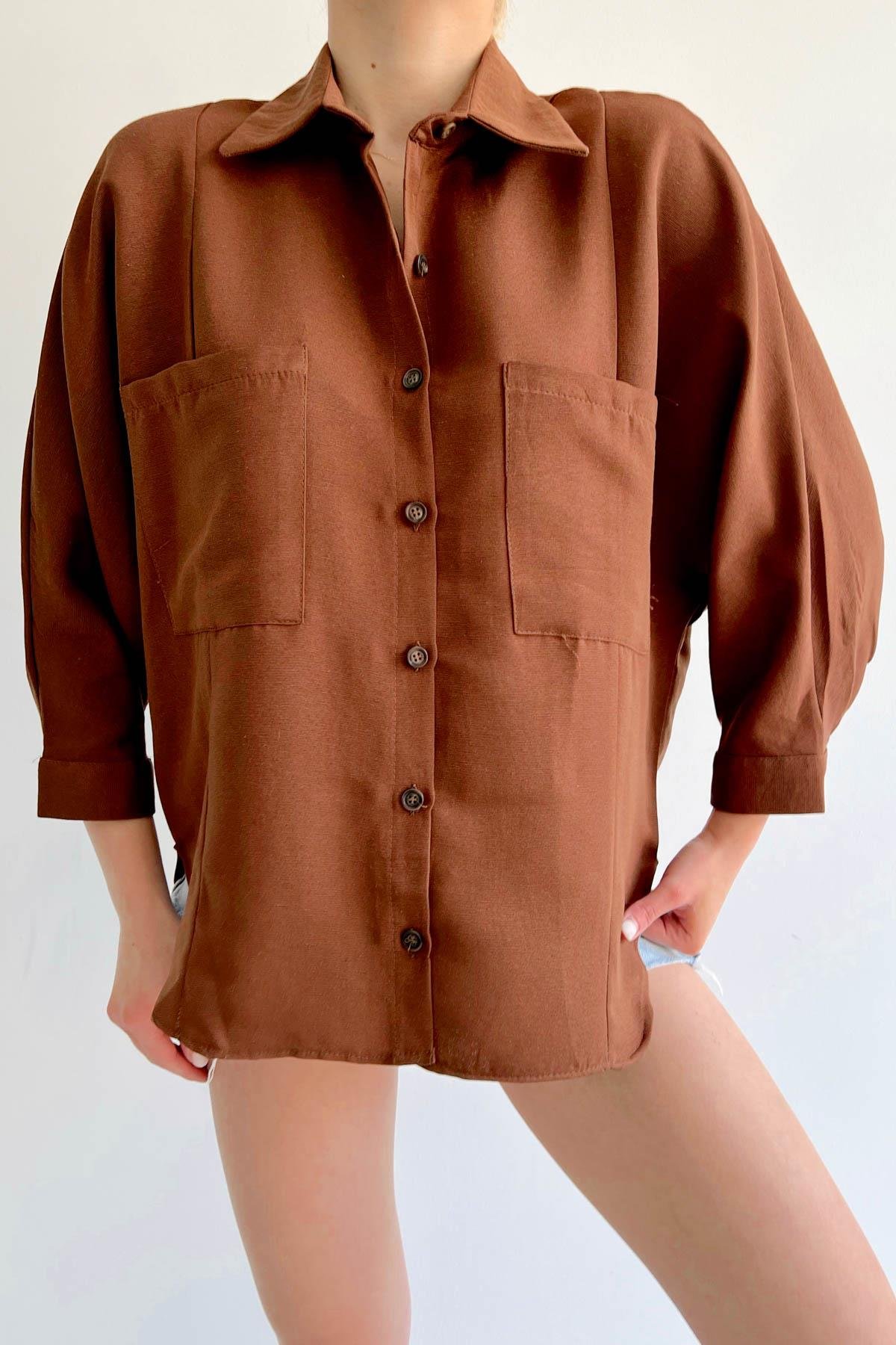 Three Quarter Sleeve Side Detailed Shirt Brown