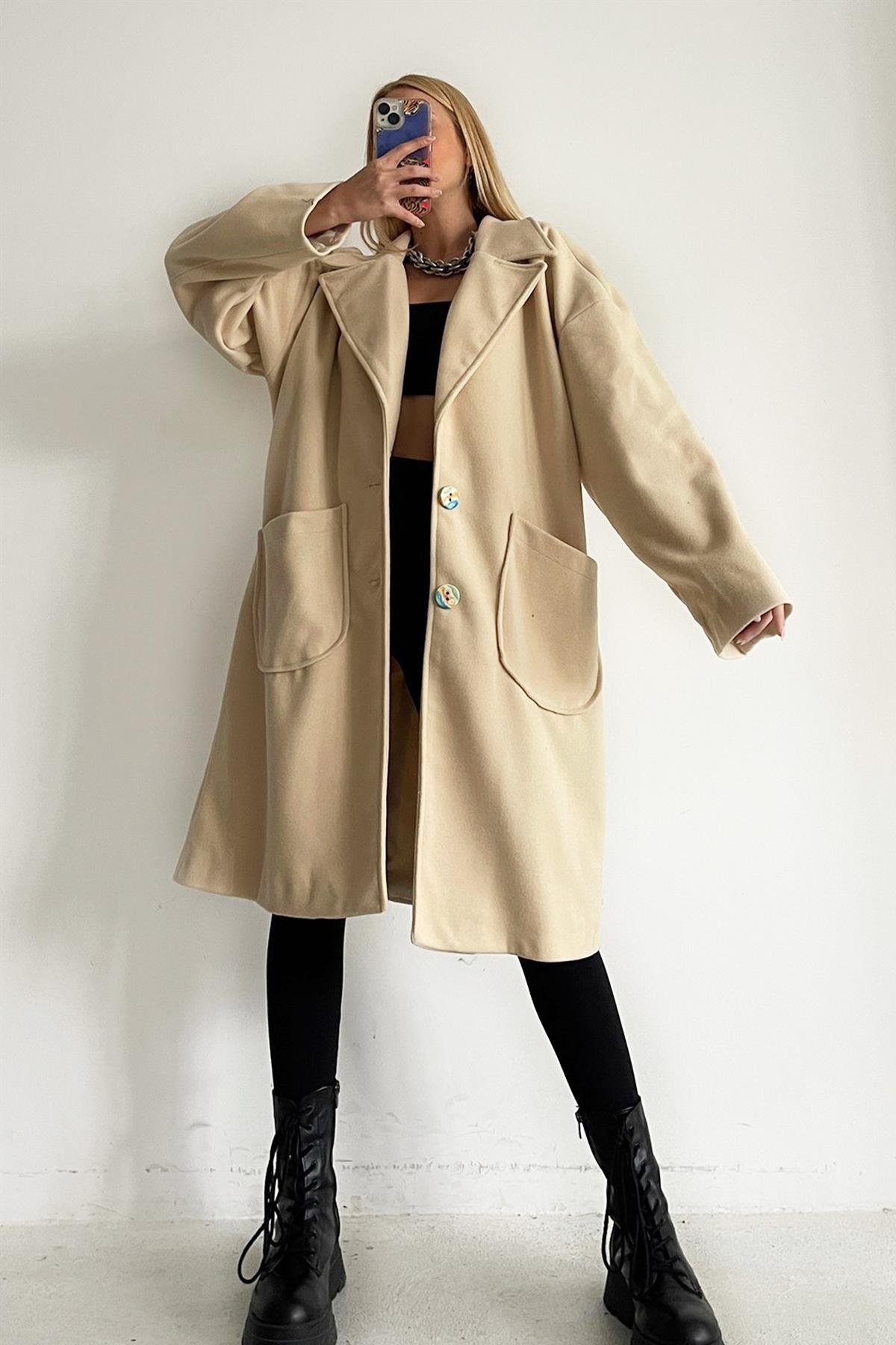 Bone Button Double-Breasted Overcoat Stone