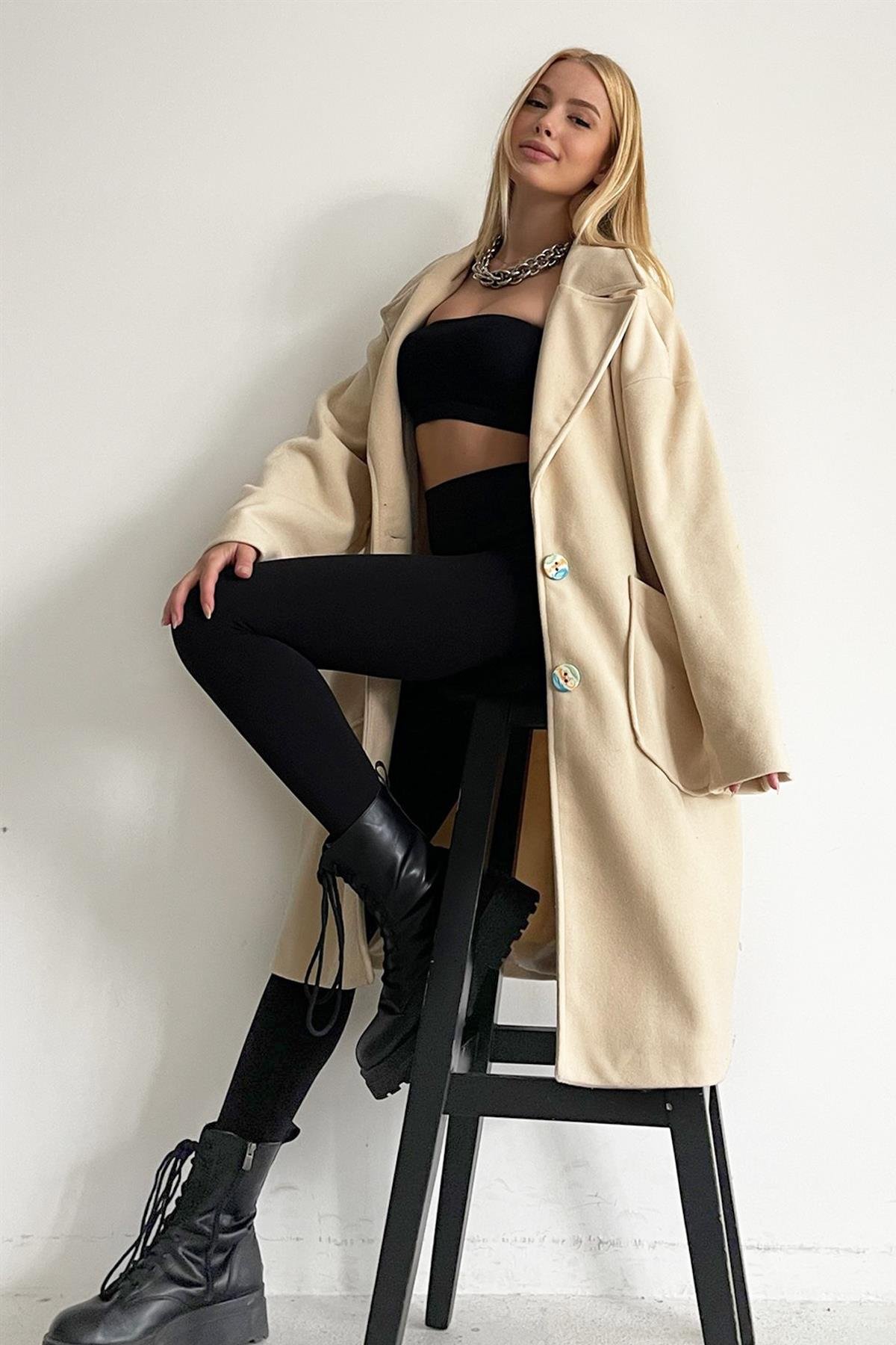Bone Button Double-Breasted Overcoat Stone