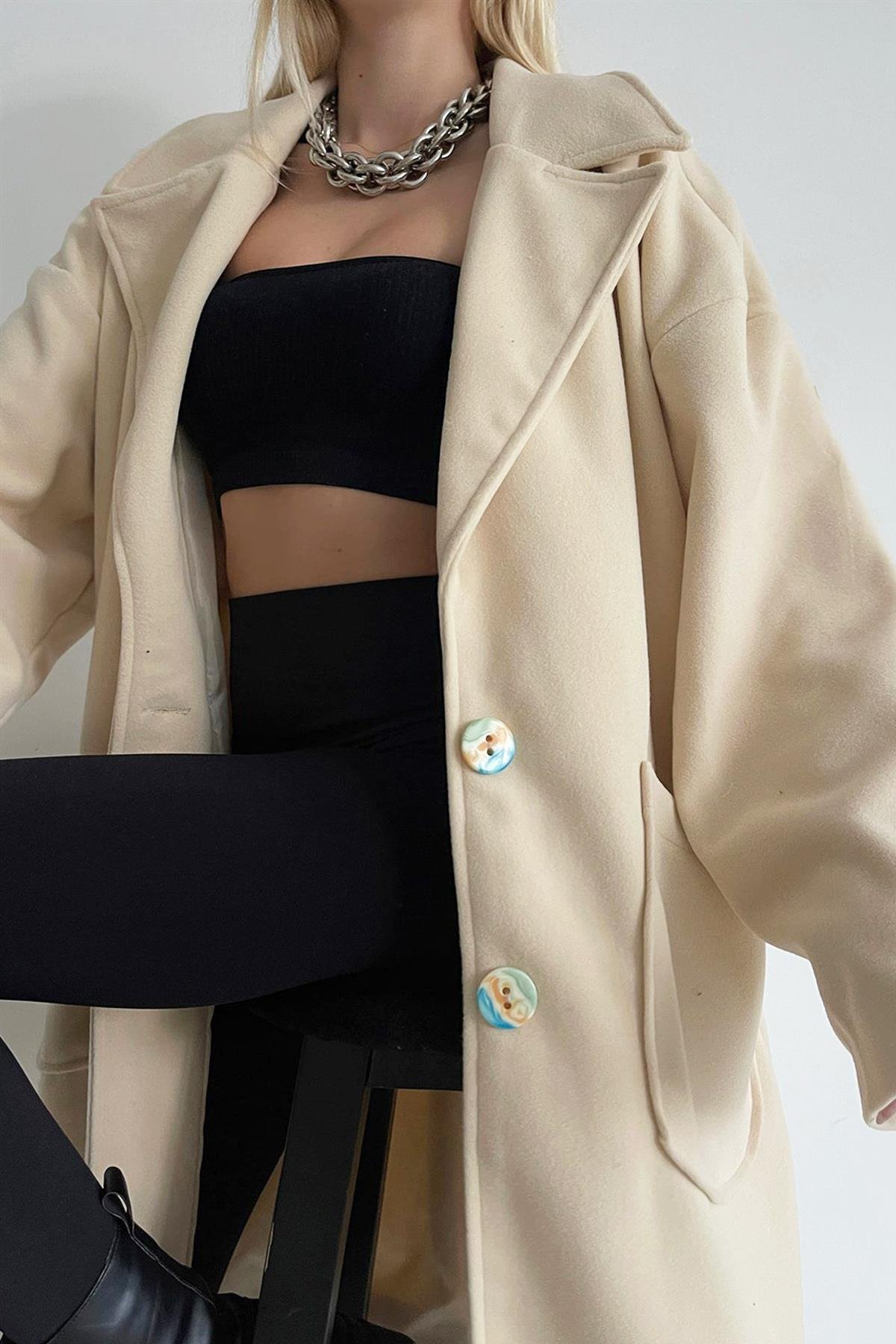 Bone Button Double-Breasted Overcoat Stone