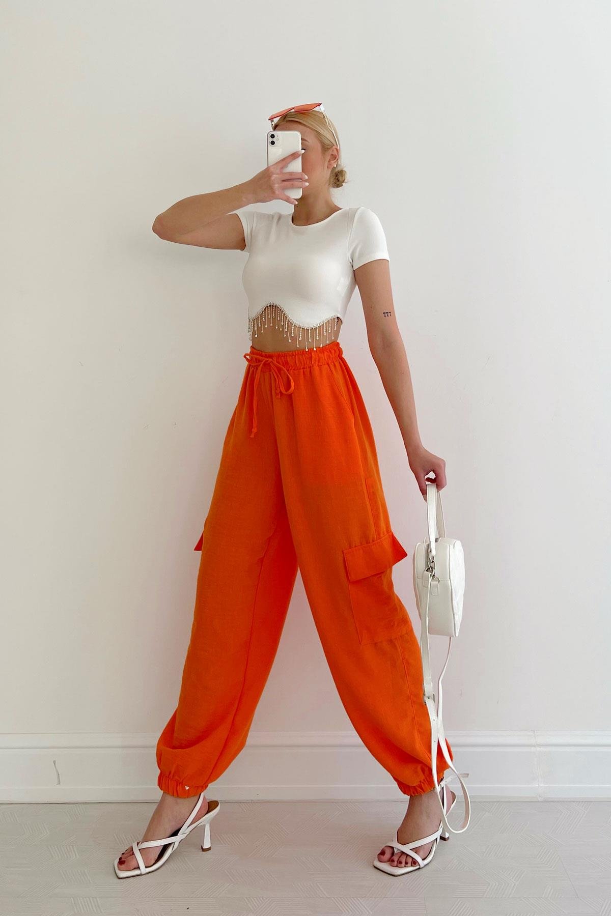 Keten Jogger Kargo Pantolon Oranj