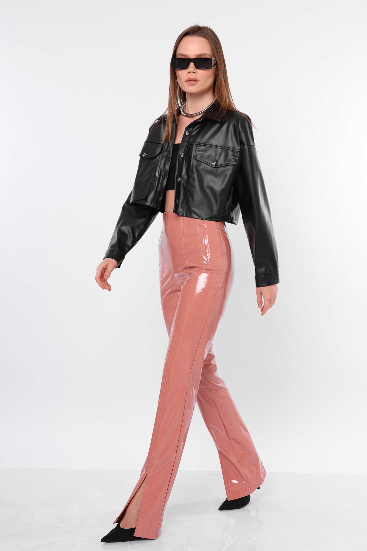 Wholesale Patent Leather Slit Pants Powder