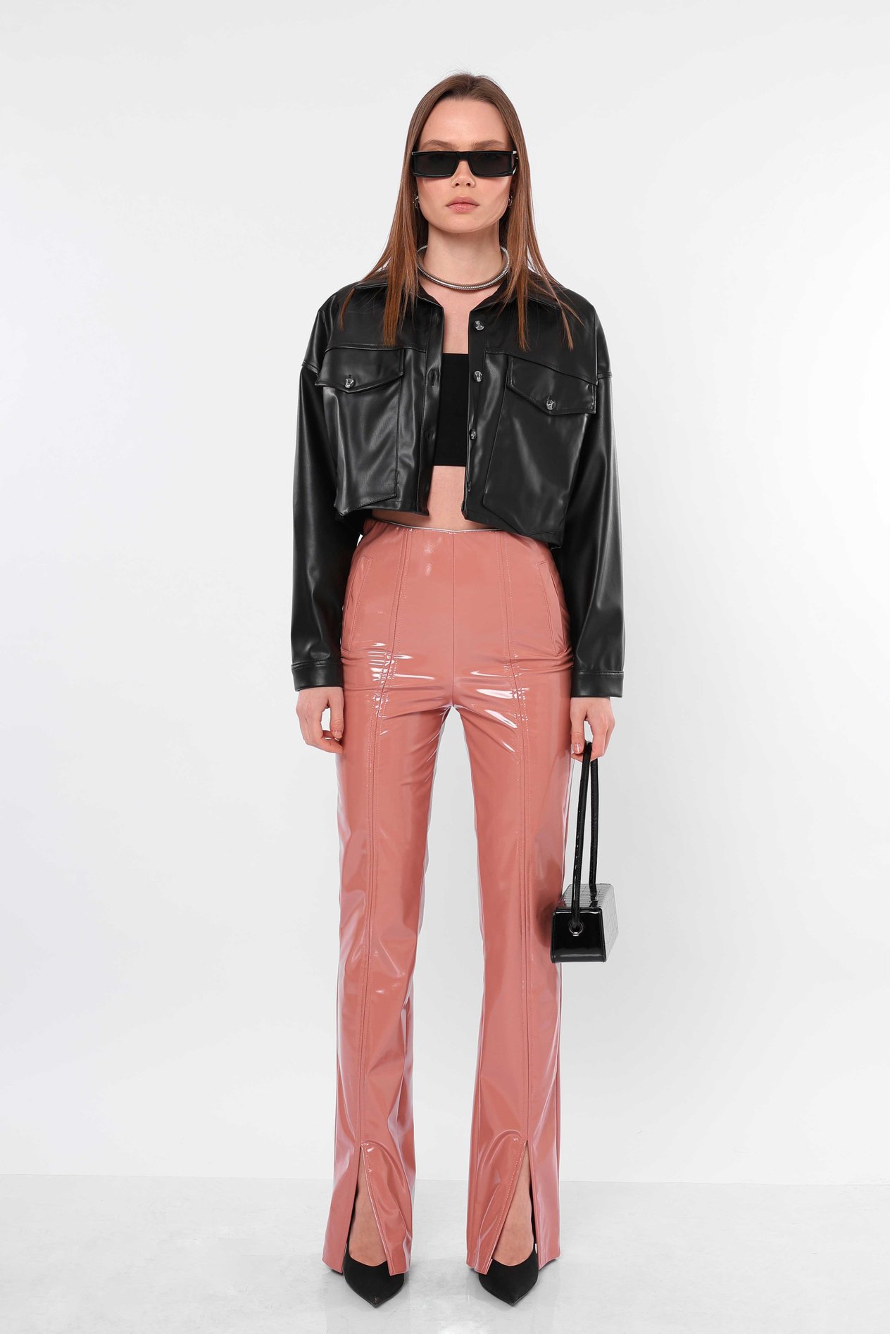 Wholesale Patent Leather Slit Pants Powder