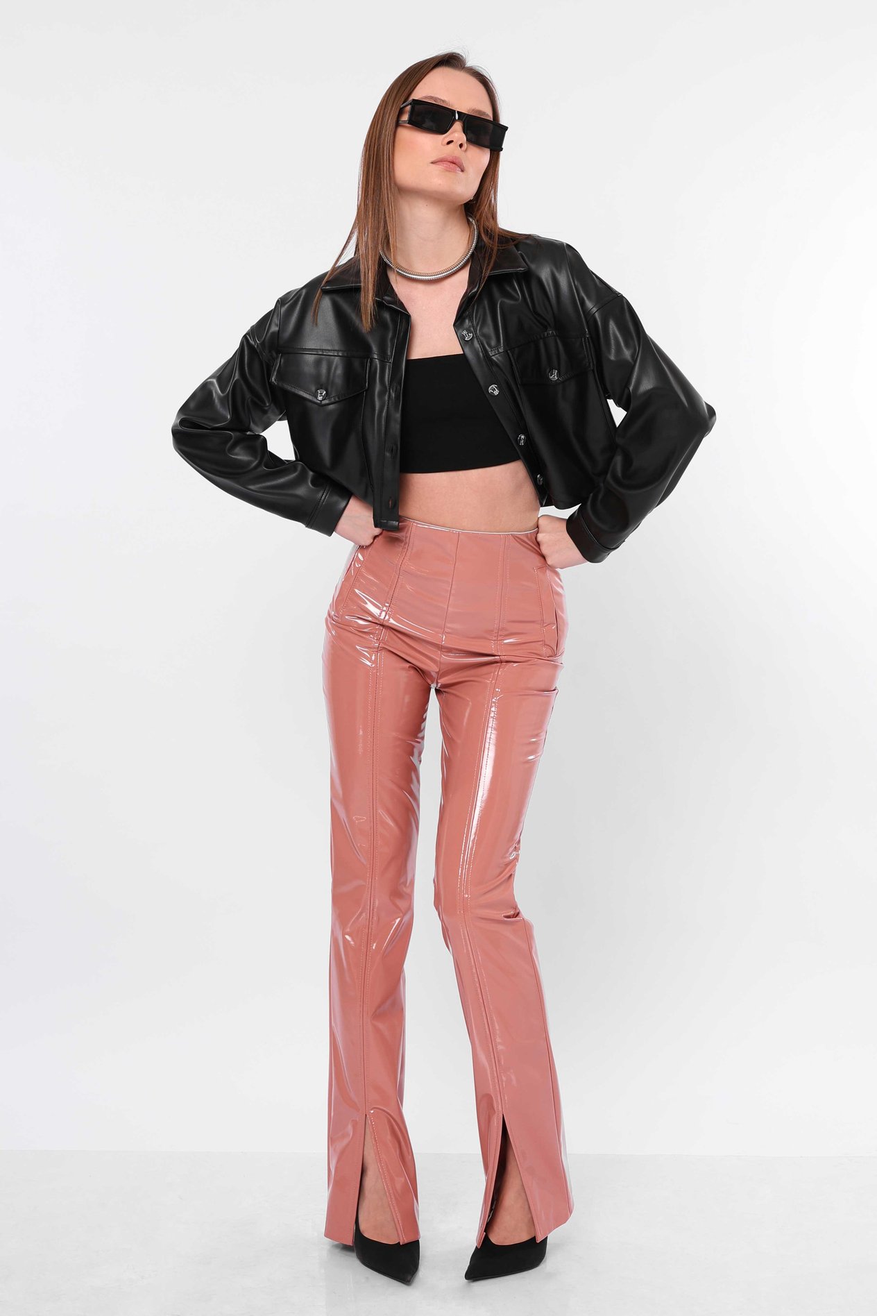 Wholesale Patent Leather Slit Pants Powder