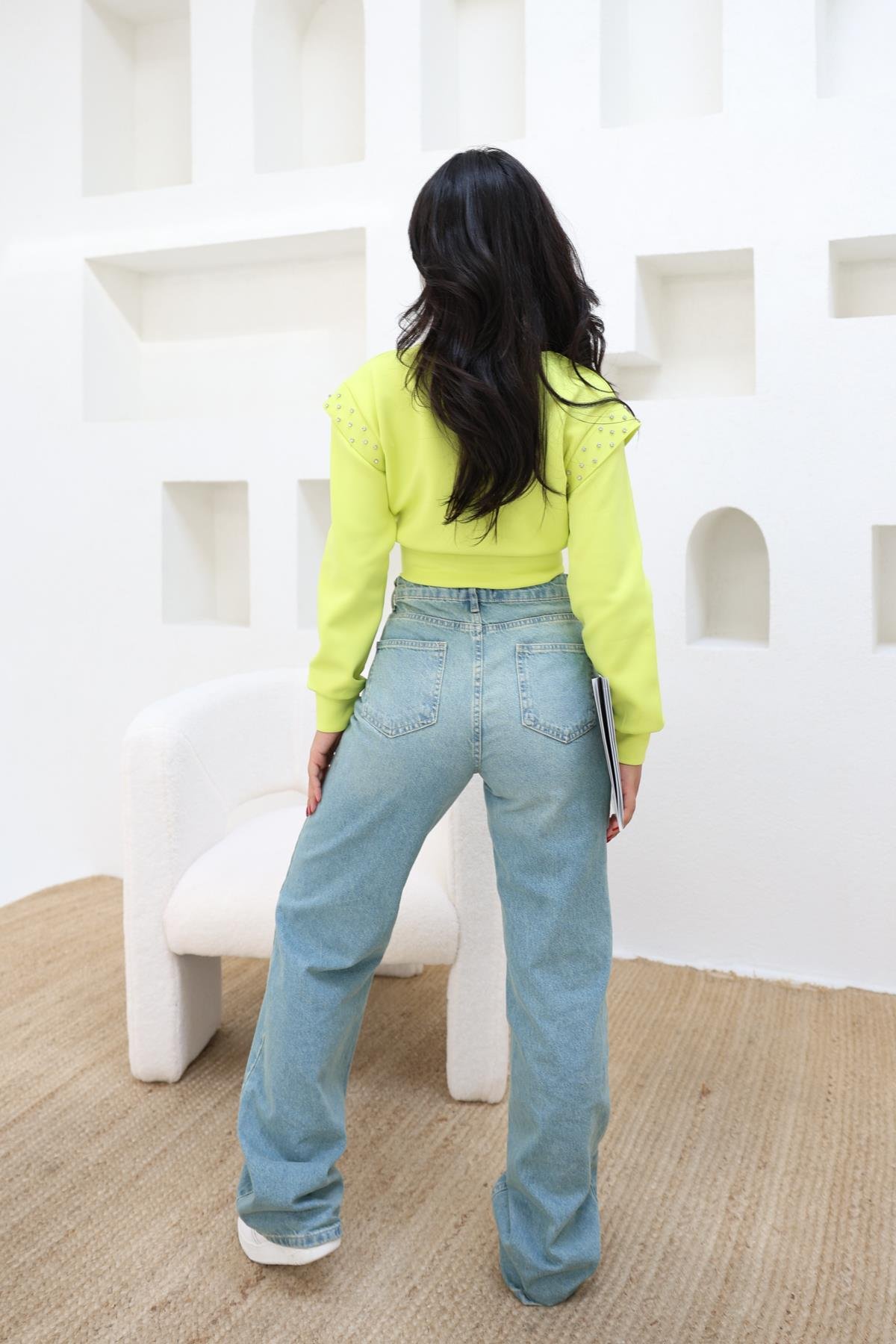 Taş Detaylı Crop Sweatshirt Neon Yeşil