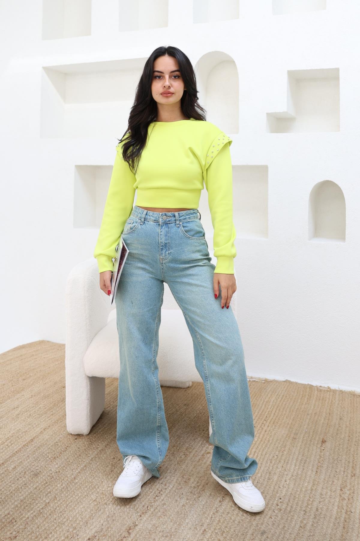 Taş Detaylı Crop Sweatshirt Neon Yeşil