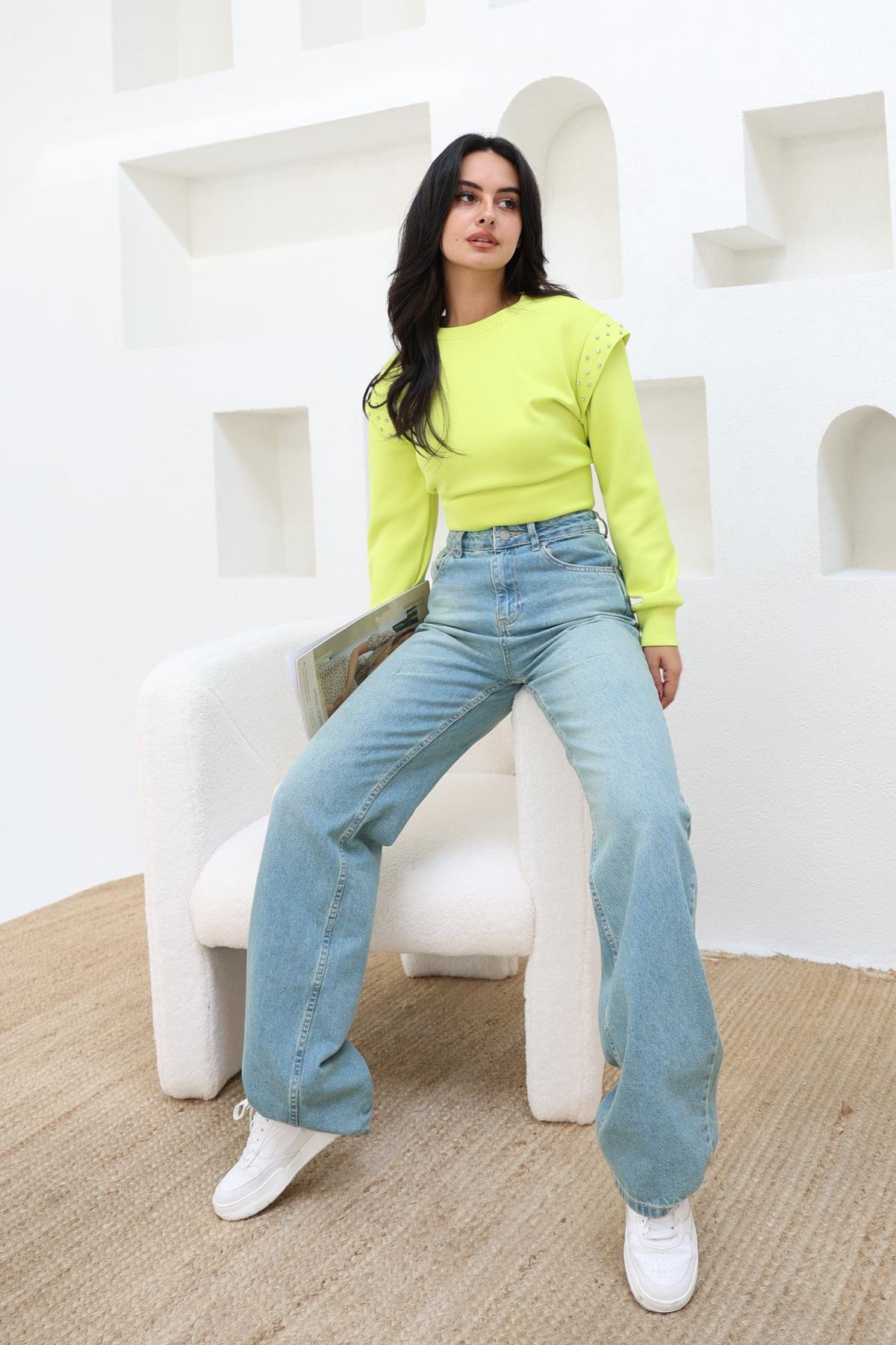 Taş Detaylı Crop Sweatshirt Neon Yeşil