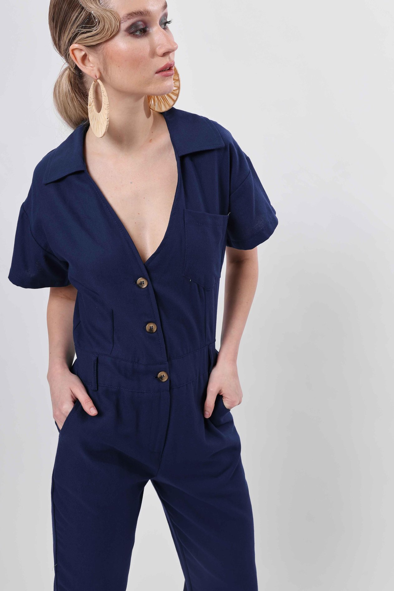 Toptan Düğmeli Fit Tulum Lacivert