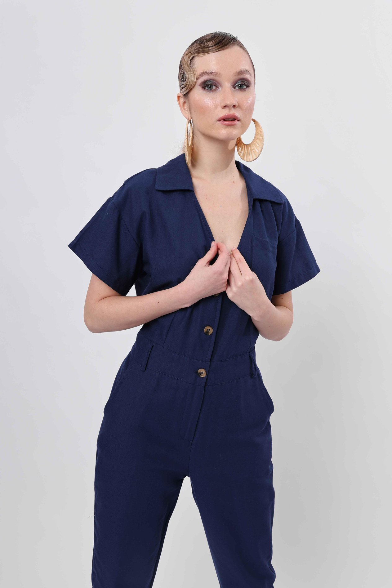 Toptan Düğmeli Fit Tulum Lacivert