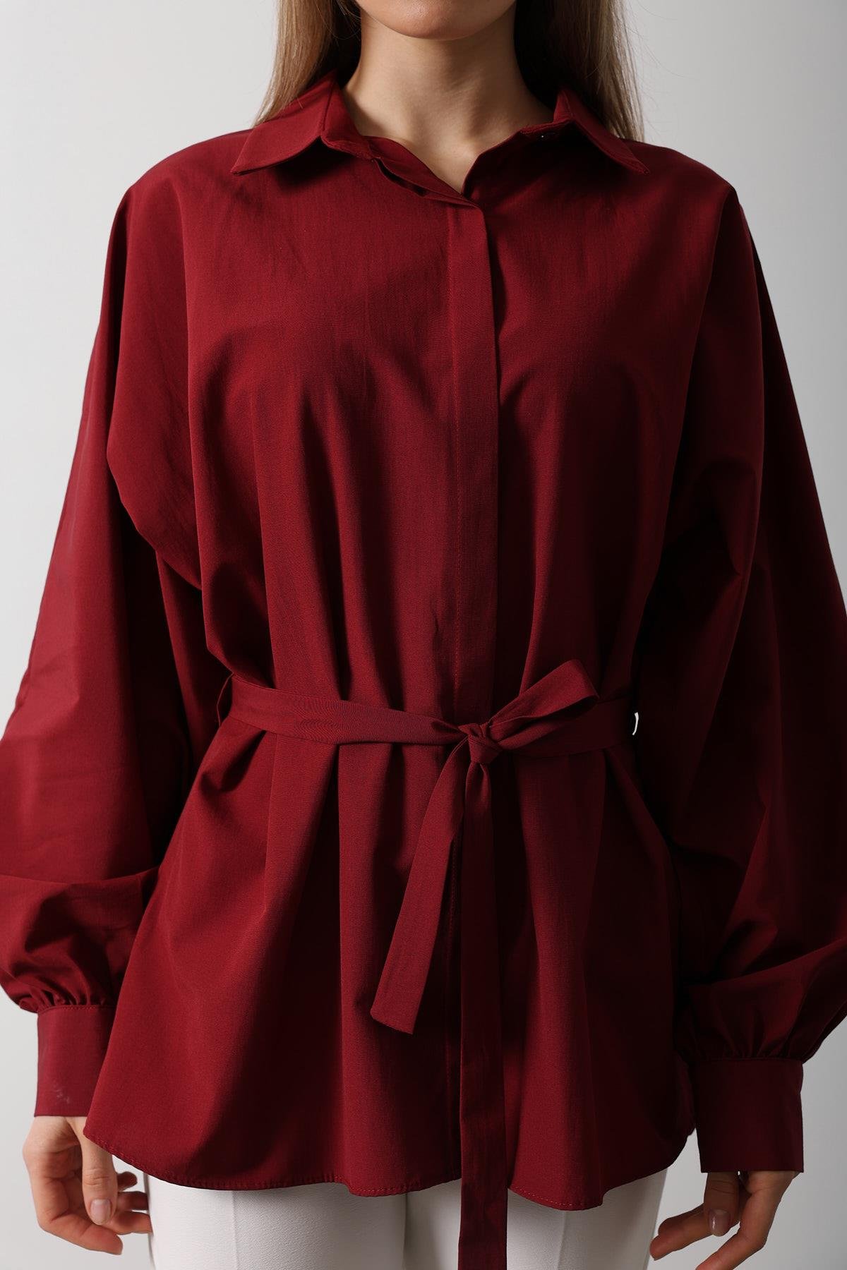 Bel Detaylı Gömlek - Bordo